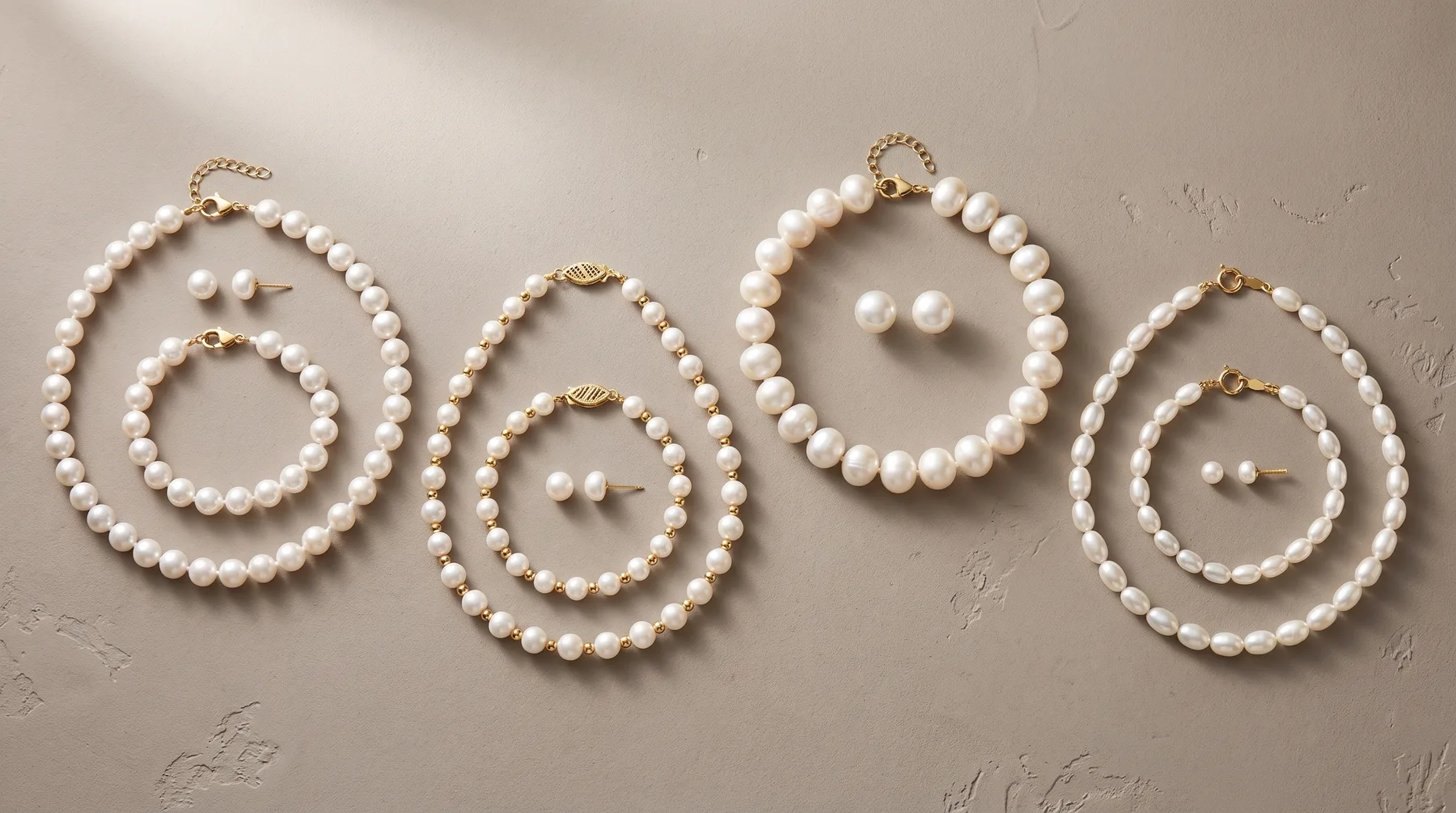 Four pairs of pearl jewelry displayed on a beige textured surface, each pair consisting of a multi-strand circular bracelet and matching stud earrings with gold-tone findings.