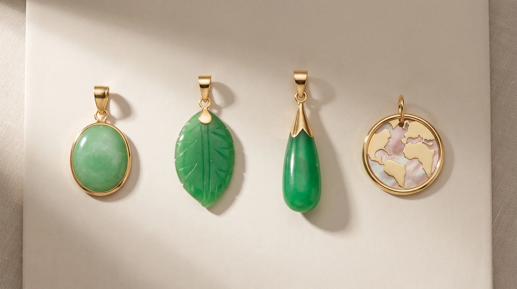 Four gold pendants with green jade stones arranged in a row: an oval cabochon, a carved leaf shape, a teardrop, and a circular pendant with lavender stone inlay.