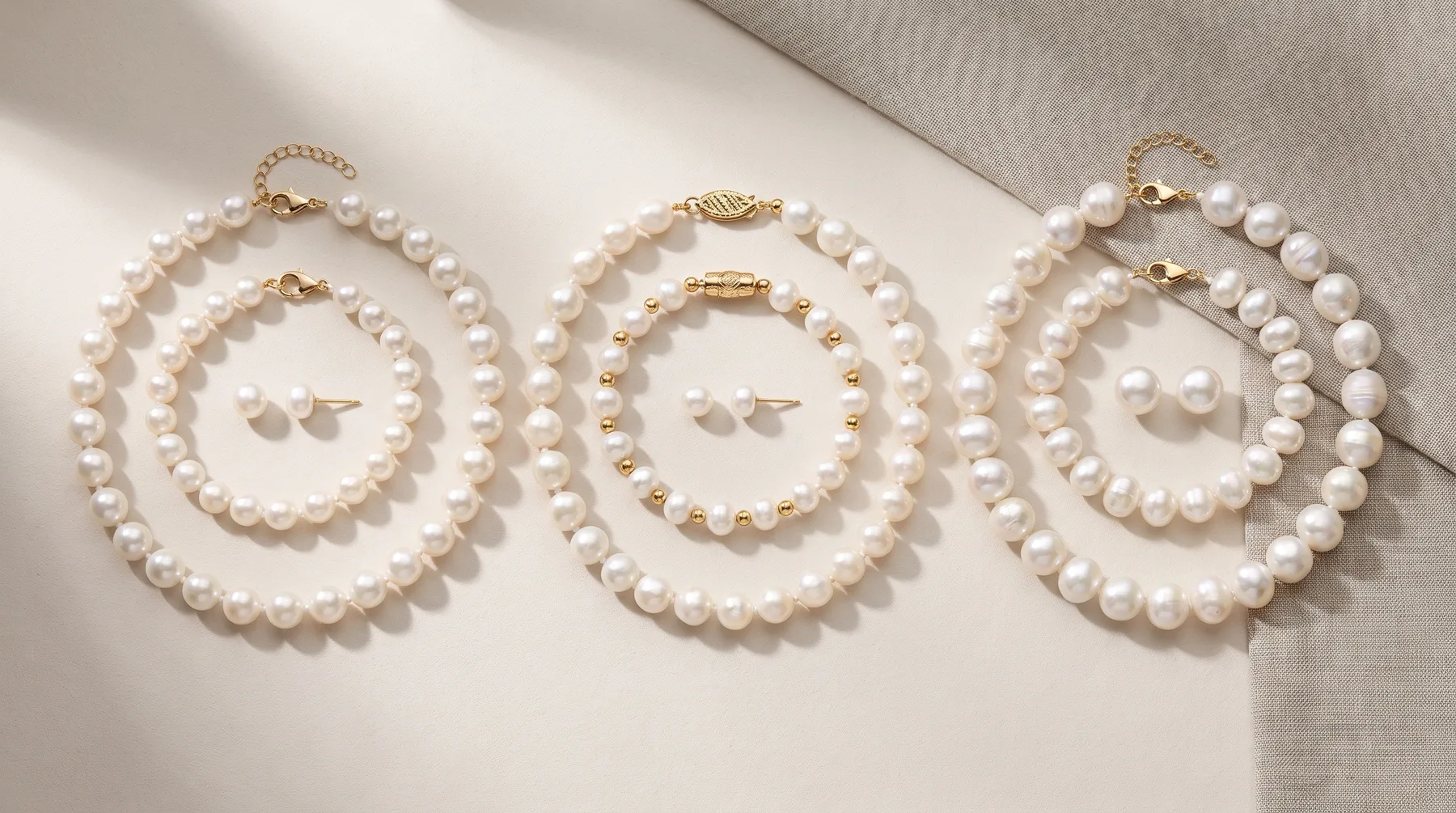 Three pearl jewelry sets displayed on white fabric, each consisting of a two-strand pearl bracelet with gold clasp and matching pearl stud earrings.