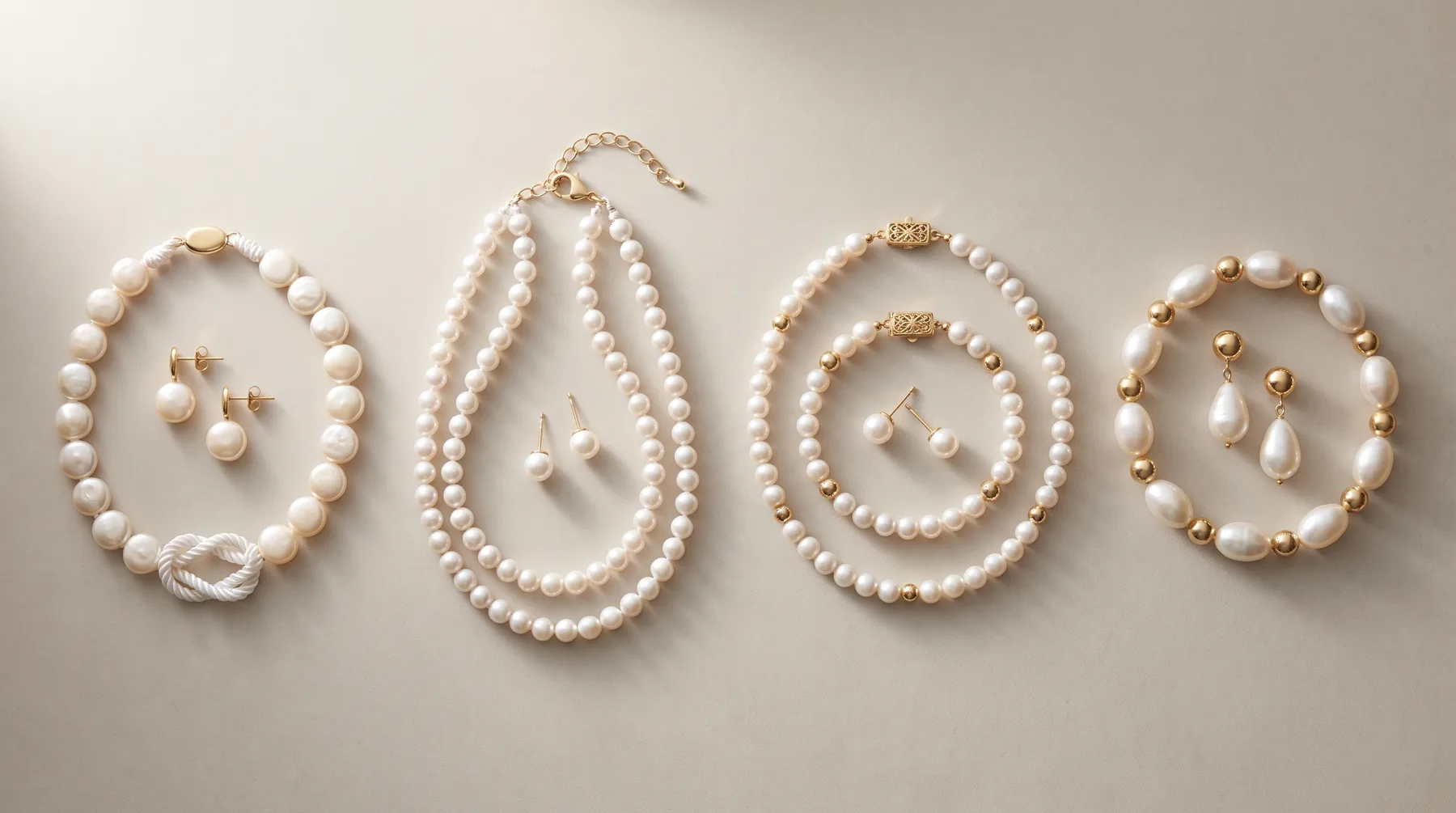 Four pearl jewelry sets displayed on a neutral background, each consisting of a necklace and matching earrings in white and gold tones.