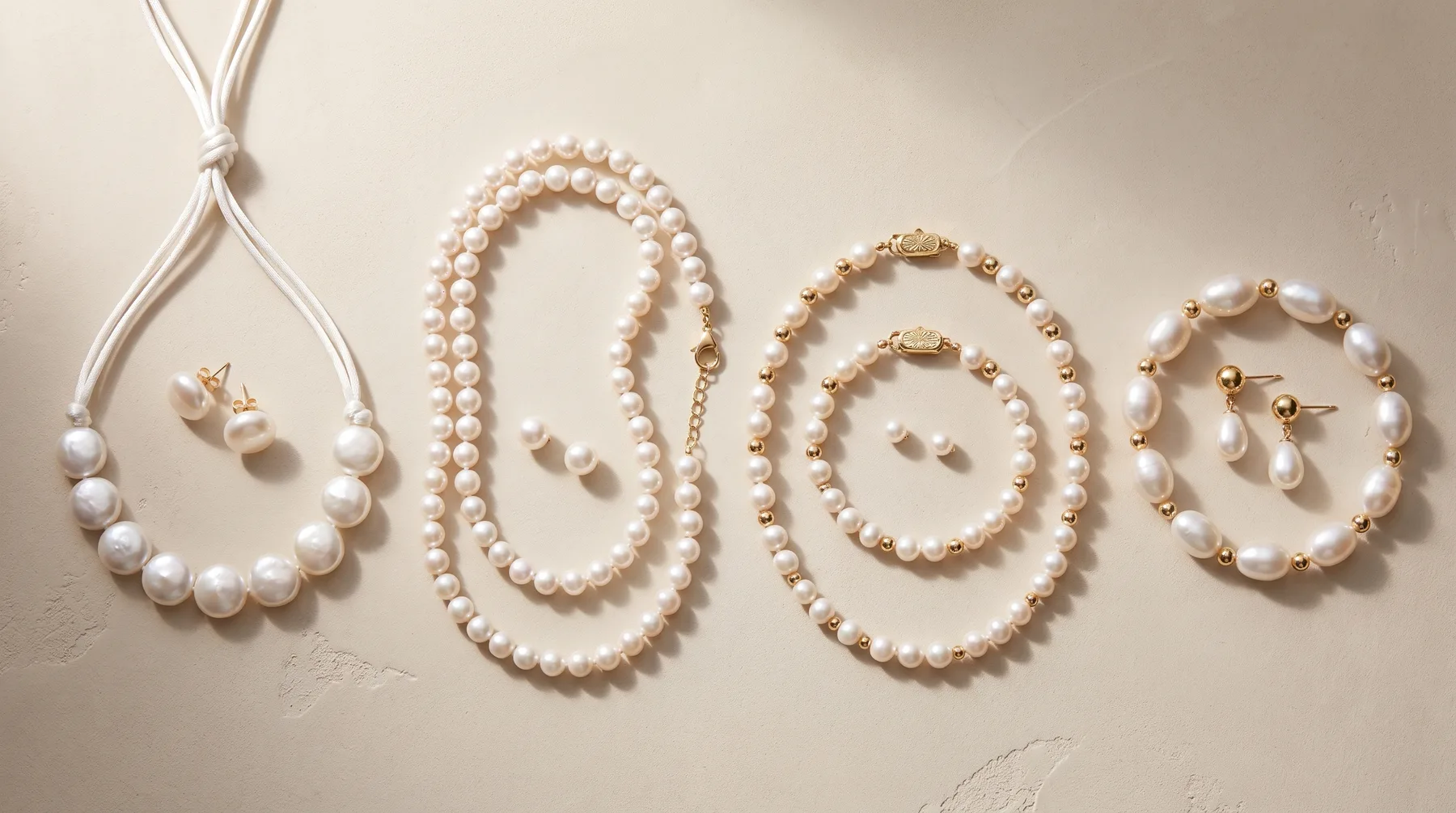 Four pearl jewelry sets displayed on a neutral surface, each consisting of a necklace and matching earrings in varying lengths and pearl sizes, with gold-toned findings.