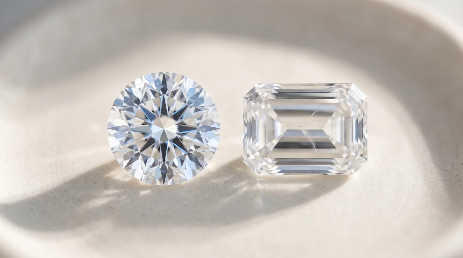 A round brilliant diamond and an emerald-cut diamond side by side on a pale dish: the round one breaks light into many small flashes, while the emerald cut's long step facets act as clear windows and show a faint feather inside