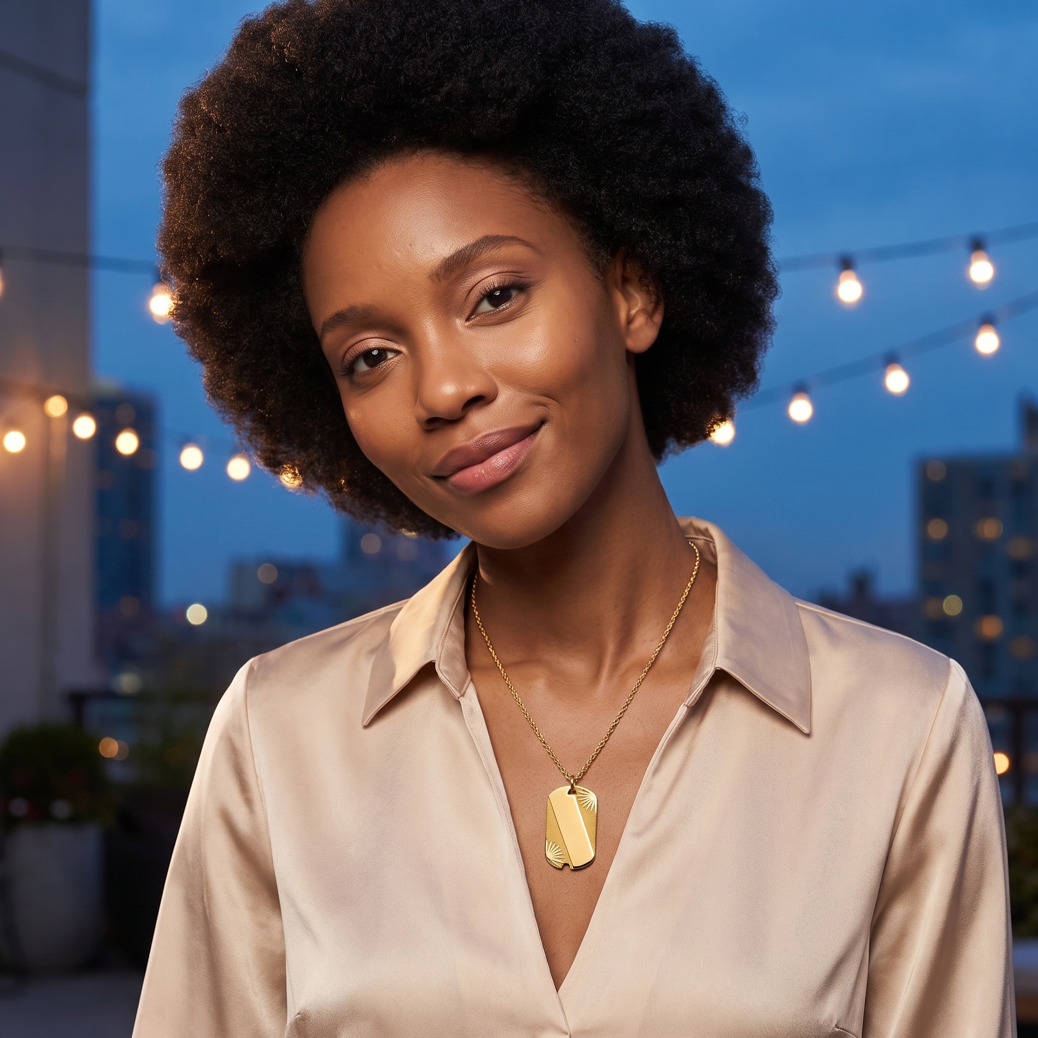 Smiling woman with a soft natural afro on a city terrace at dusk wearing a gold sunburst dog tag pendant on a gold chain