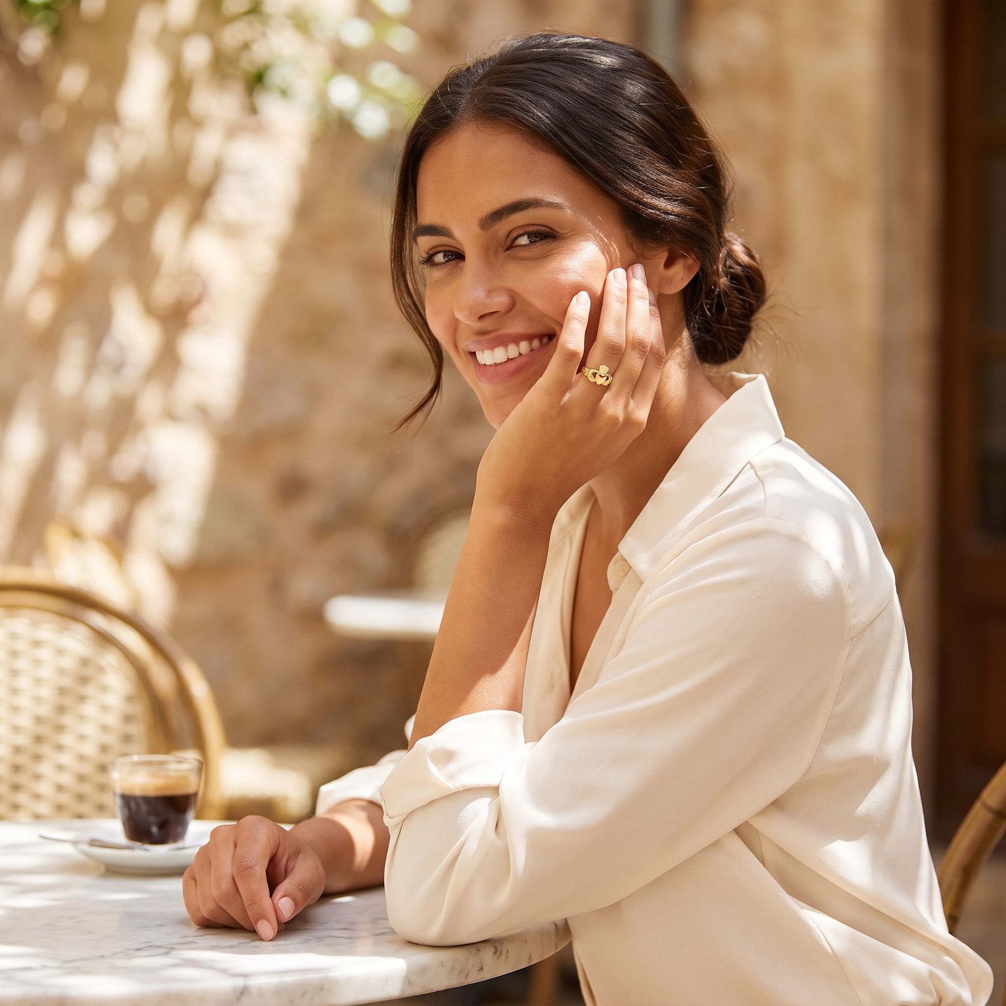 Smiling woman at a sunlit courtyard cafe table, hand resting at her cheek, wearing a gold Claddagh ring