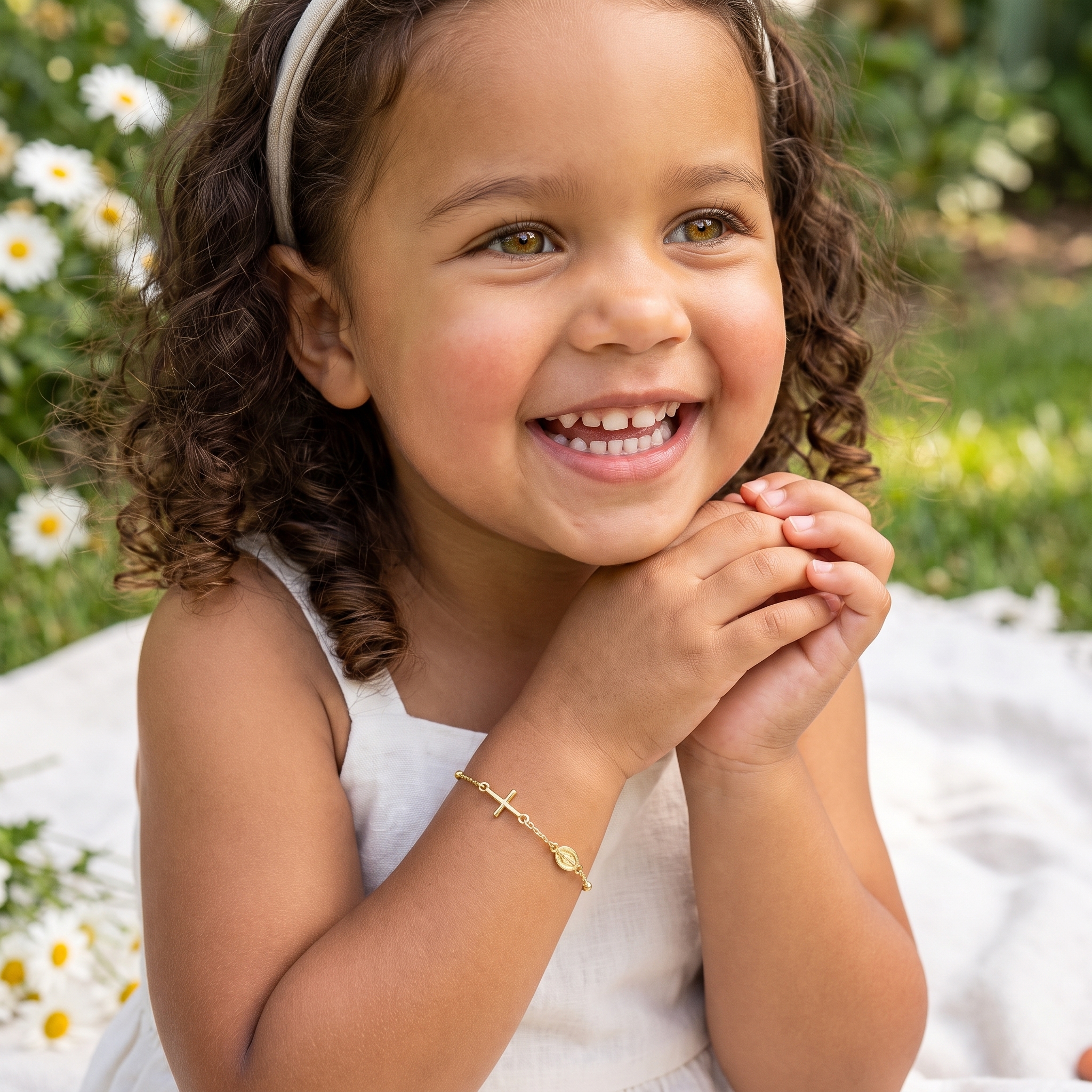 Smiling little girl in a sunlit garden wearing a delicate gold rosary bracelet