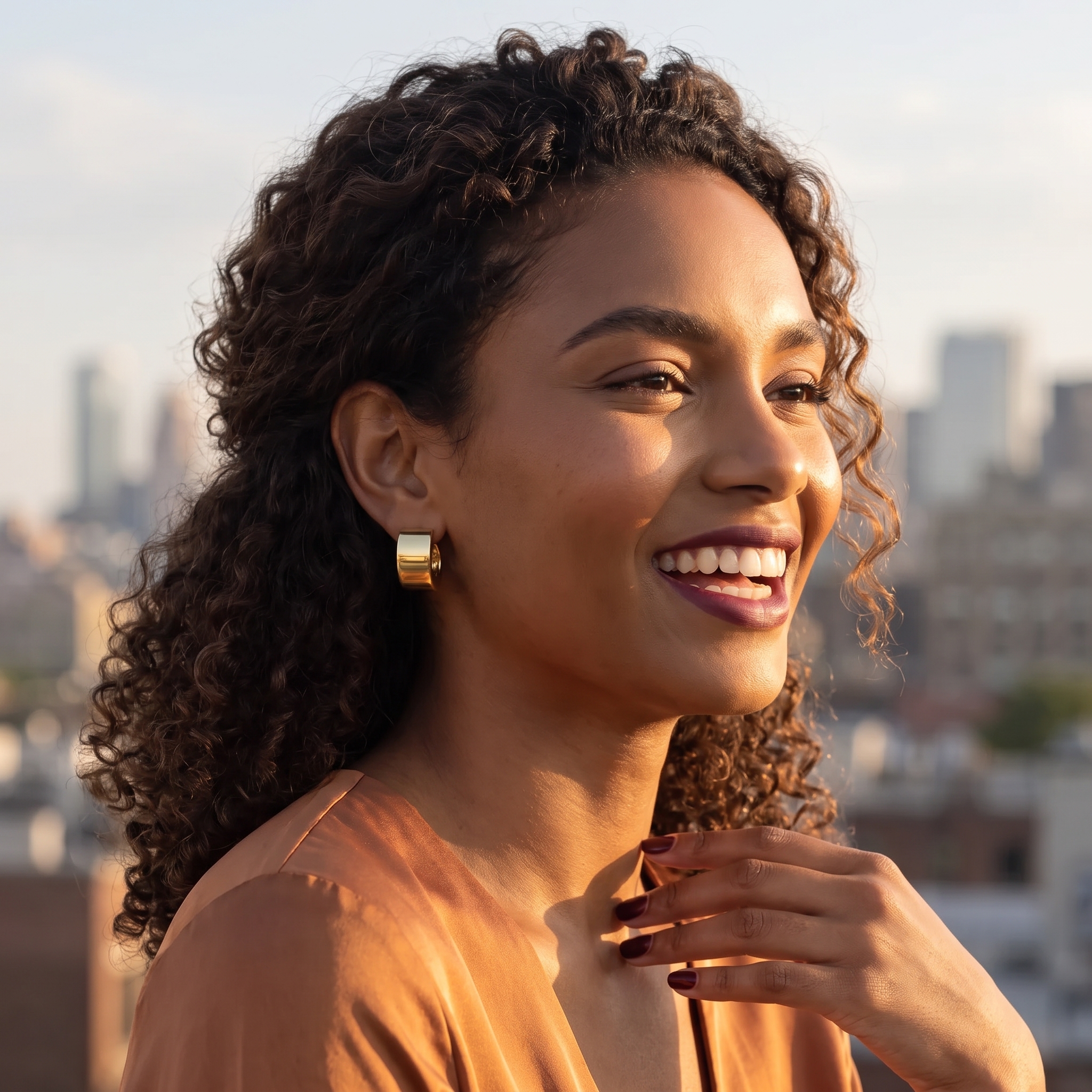 Smiling young woman with voluminous dark curls on a golden-hour rooftop wearing wide polished gold huggie hoop earrings