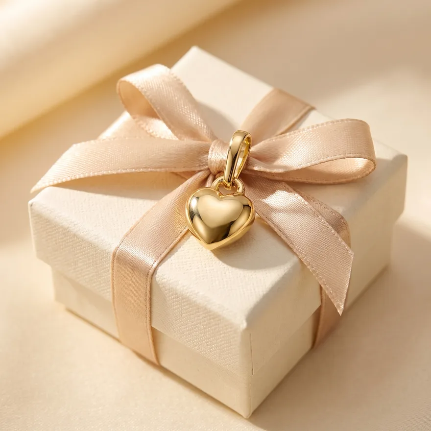Gold puffed heart charm resting on an ivory gift box tied with champagne satin ribbon