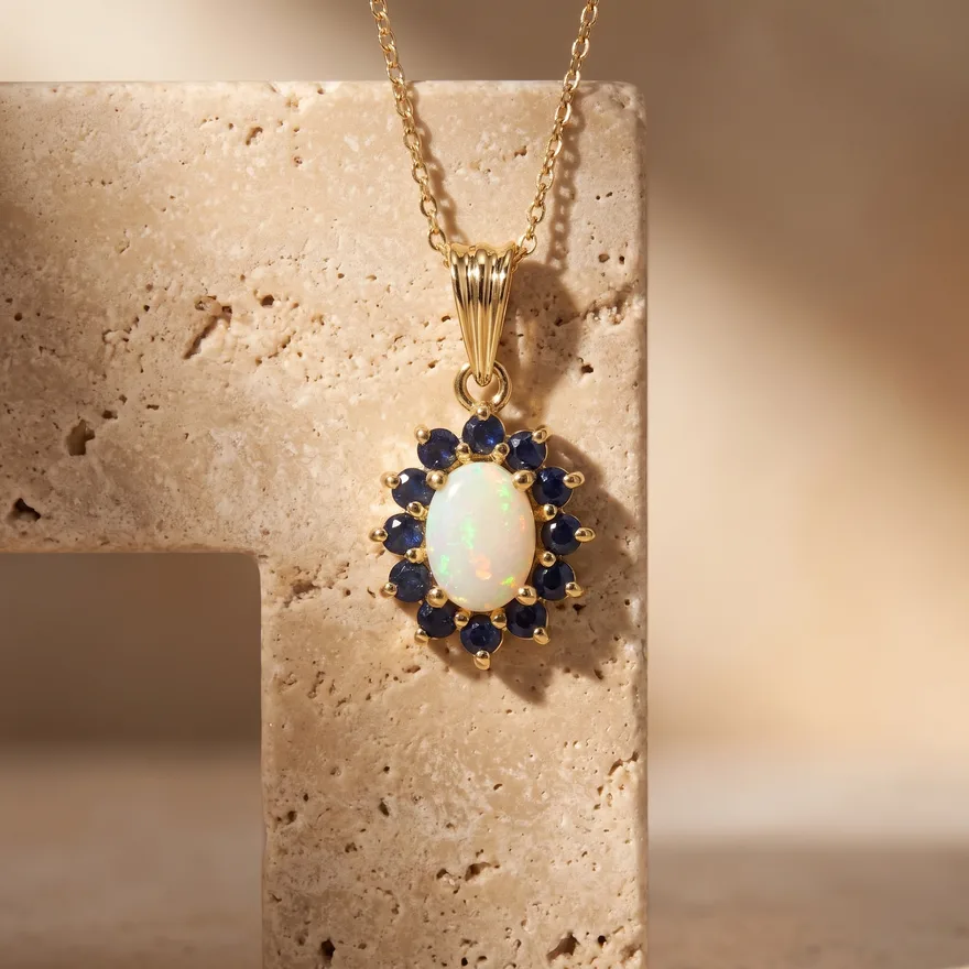 Opal and sapphire halo pendant on a gold chain draped over a travertine stone plinth in a sunbeam