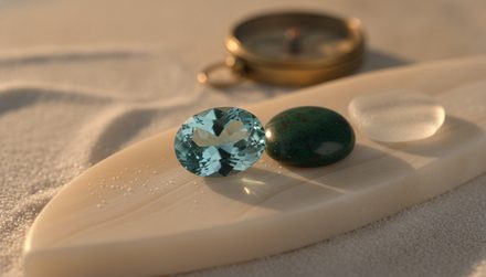 A loose oval aquamarine and a polished bloodstone cabochon on a bone-white dish in warm light, with a brass compass in the background