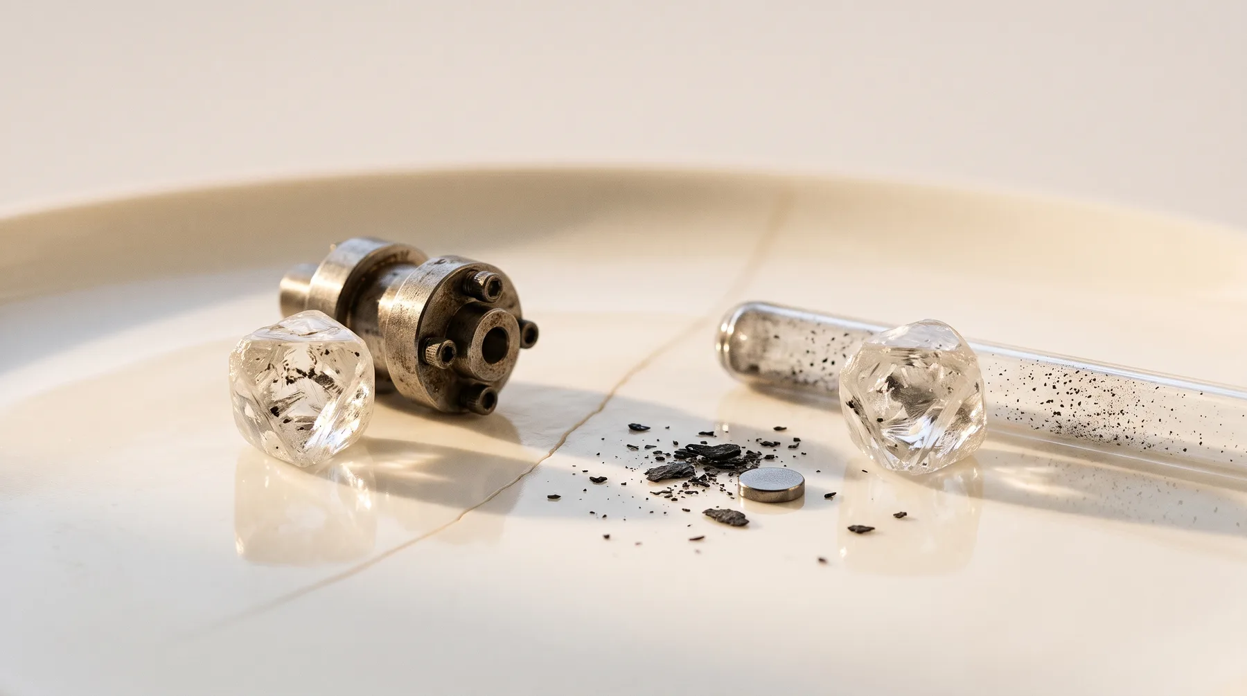 Two clear diamond-shaped crystal stoppers, a metal coupling, a glass tube, a small coin, and black powder scattered on a white marble surface.