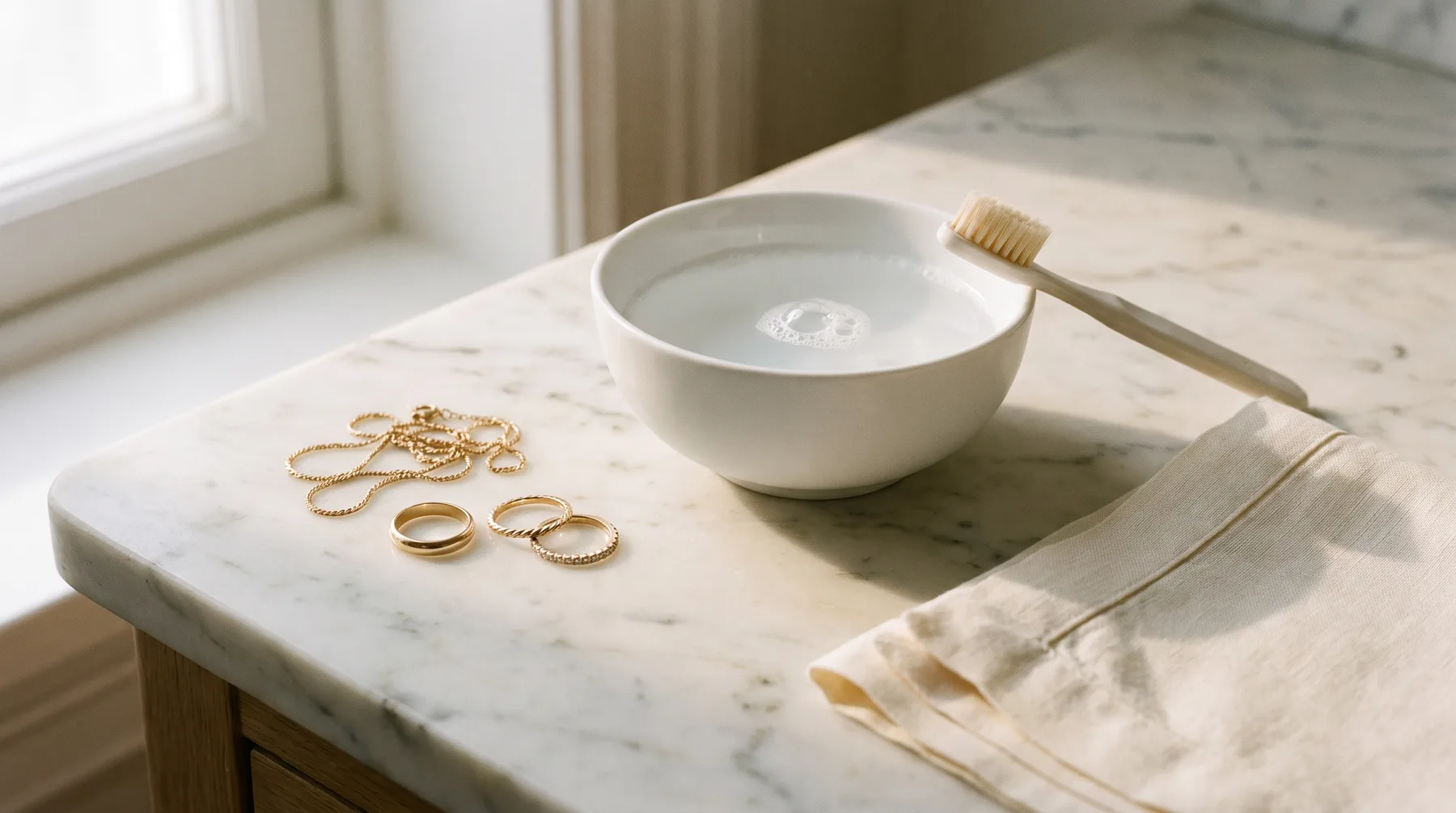 Gold rings and a chain necklace on a marble surface beside a white bowl of soapy water, a toothbrush, and a folded cream cloth.