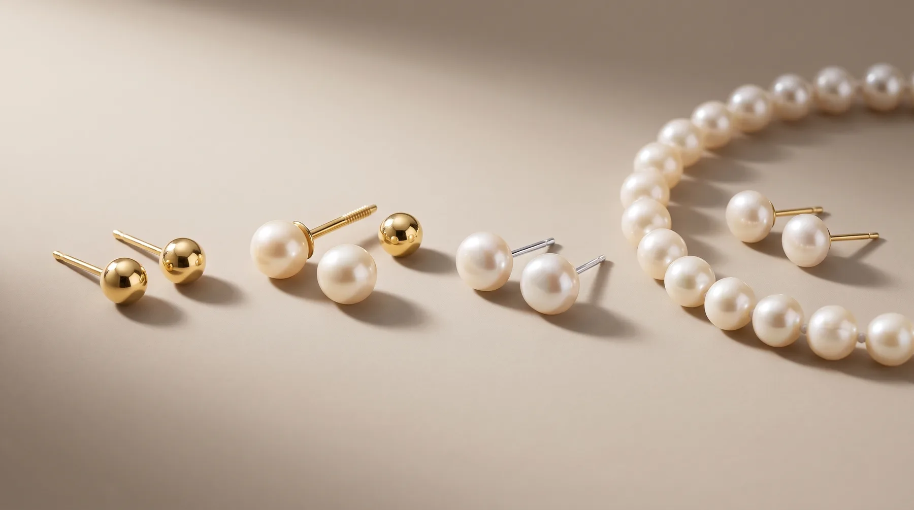 A collection of pearl jewelry arranged on a neutral surface, including small stud earrings with gold and silver posts, larger pearl stud earrings, and a curved pearl bracelet.