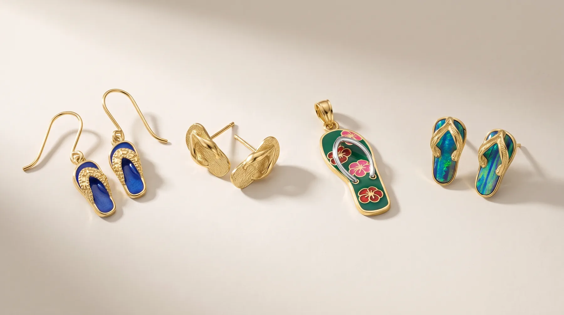 Six gold-toned jewelry pieces arranged on a light background: blue enamel drop earrings, plain curved earrings, a pendant with colorful enamel design, and turquoise enamel flip-flop-shaped earrings.