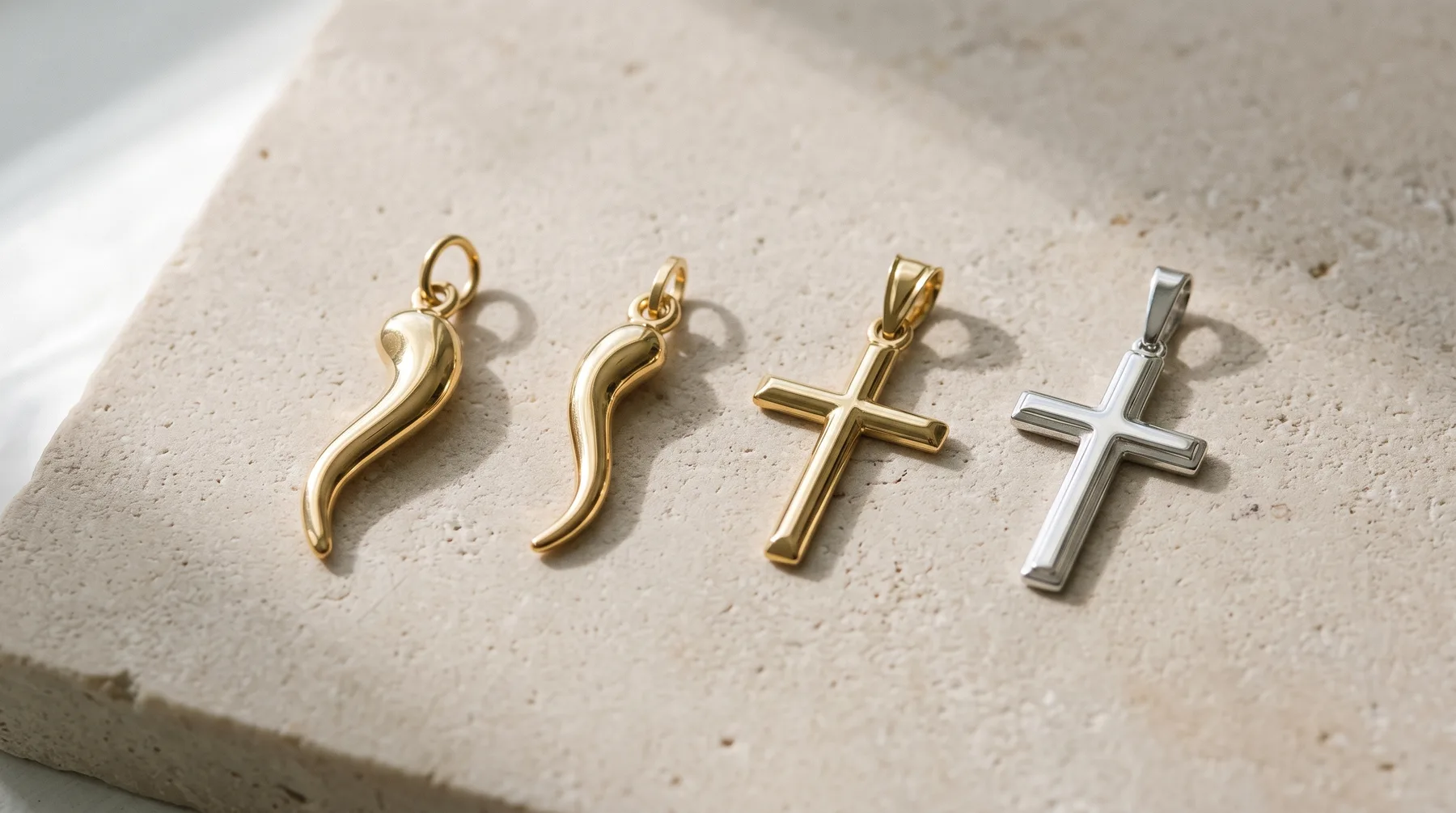 Four metal pendants arranged in a row on a concrete surface: two curved gold charms on the left and two cross-shaped pendants in gold and silver on the right.