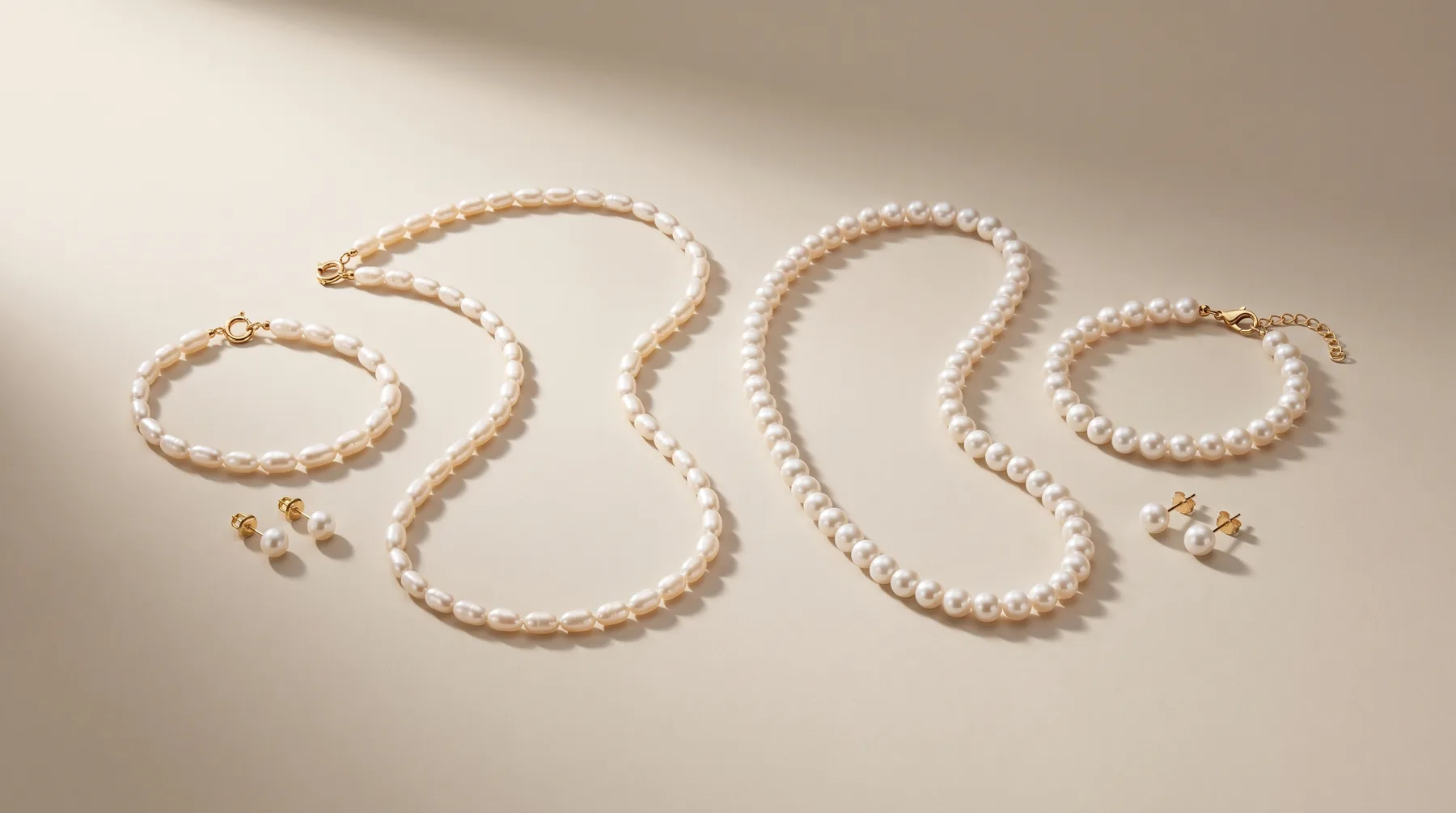 Pearl jewelry collection arranged on a neutral surface, including necklaces, bracelets, and earrings in cream and white pearls with gold-toned metal accents.