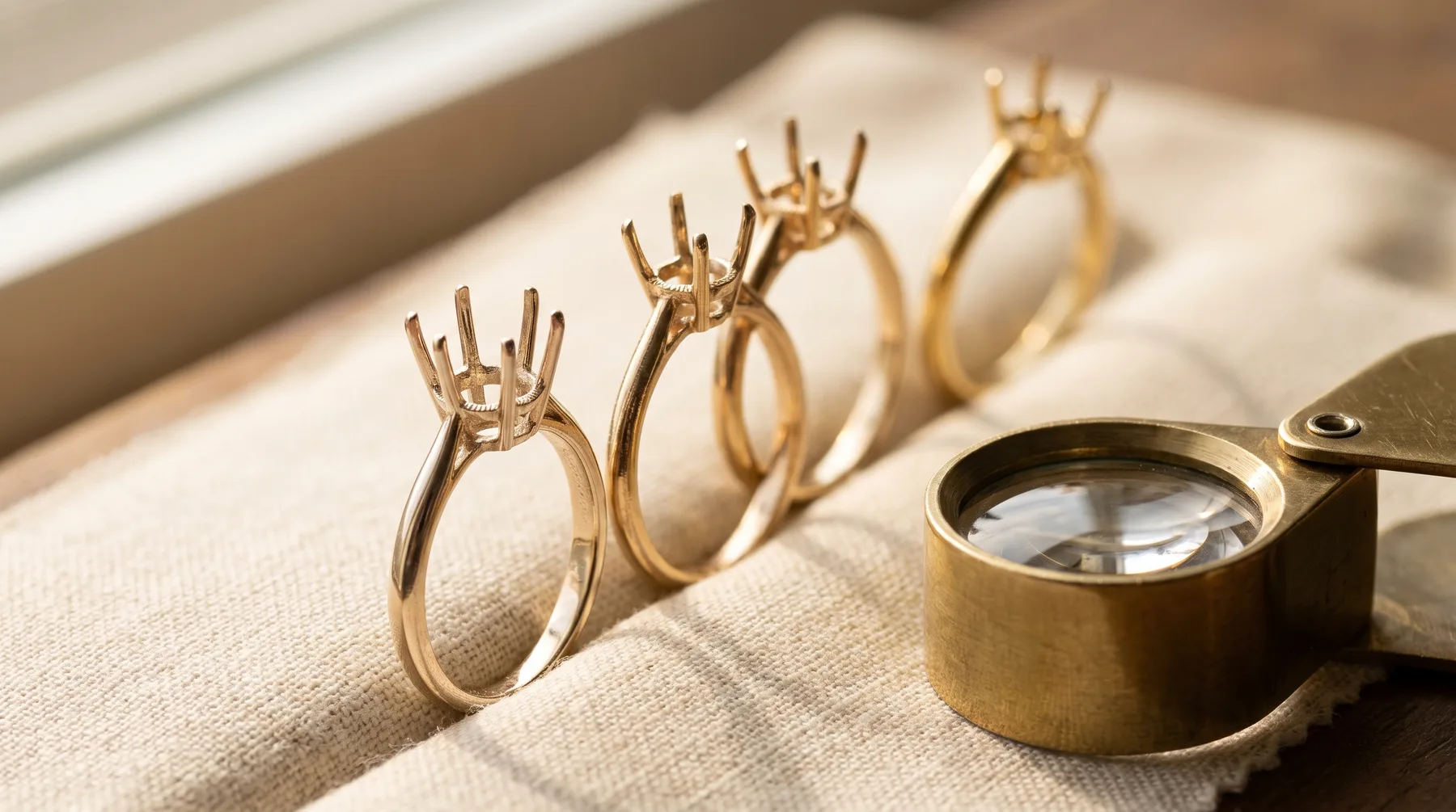 Four unset gold ring mountings with empty prong heads standing in a row on ivory linen beside a brass jeweler's loupe.