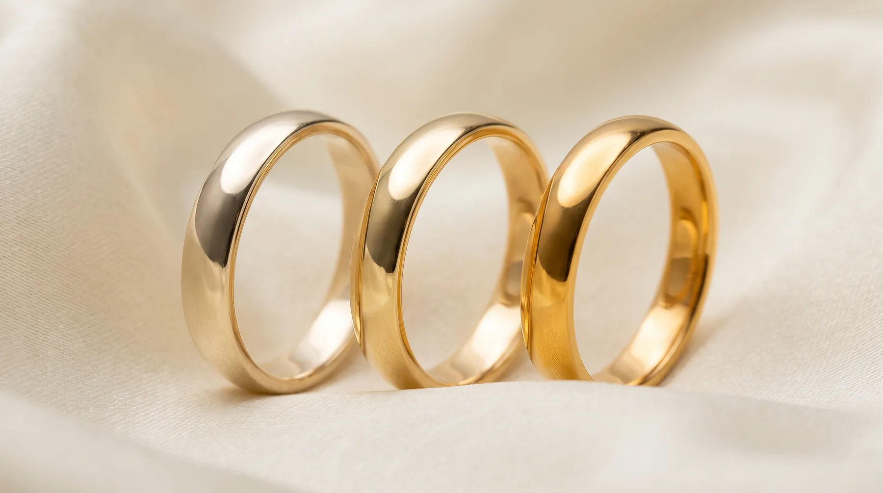Three polished gold wedding bands standing upright on cream silk fabric, arranged side by side with slightly varying gold tones from pale to deep yellow.
