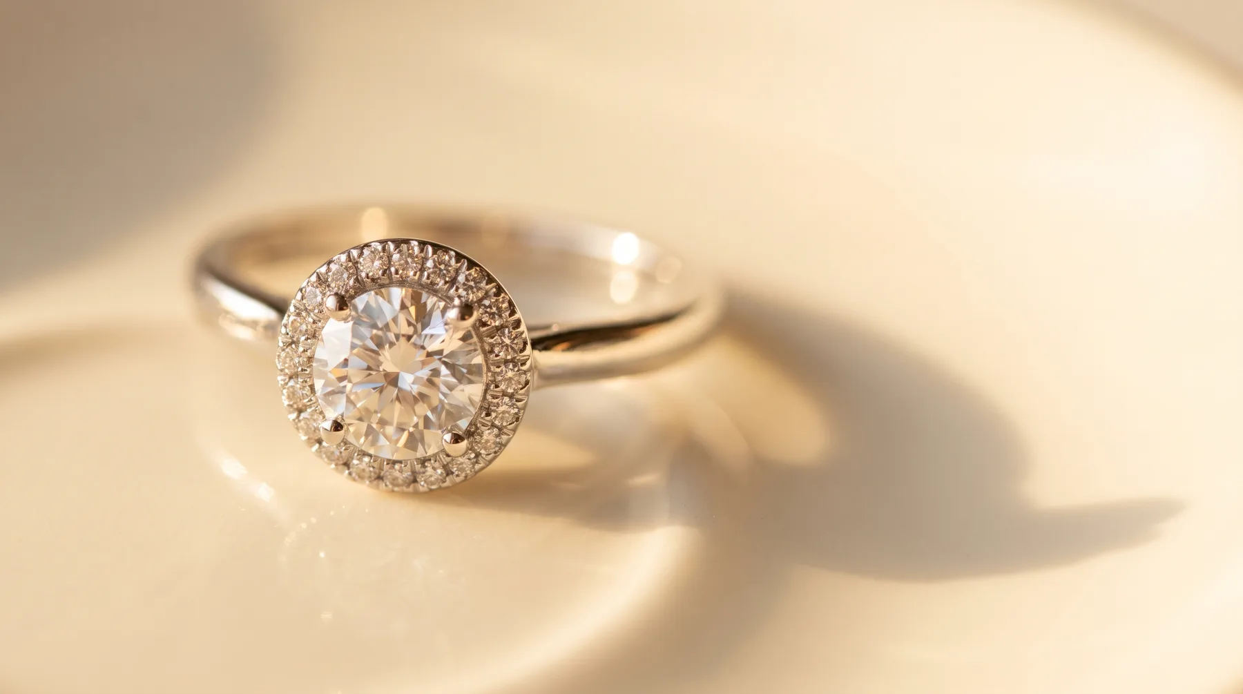 A halo engagement ring on cream porcelain: a round center diamond encircled by a ring of small pavé diamonds, the band curving away behind it.