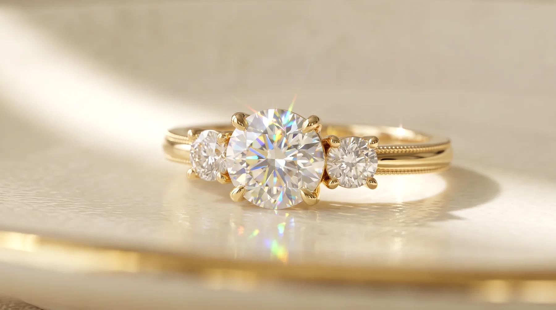 A yellow gold three-stone engagement ring with a large round brilliant-cut center diamond flanked by two smaller round diamonds, resting on a cream surface.