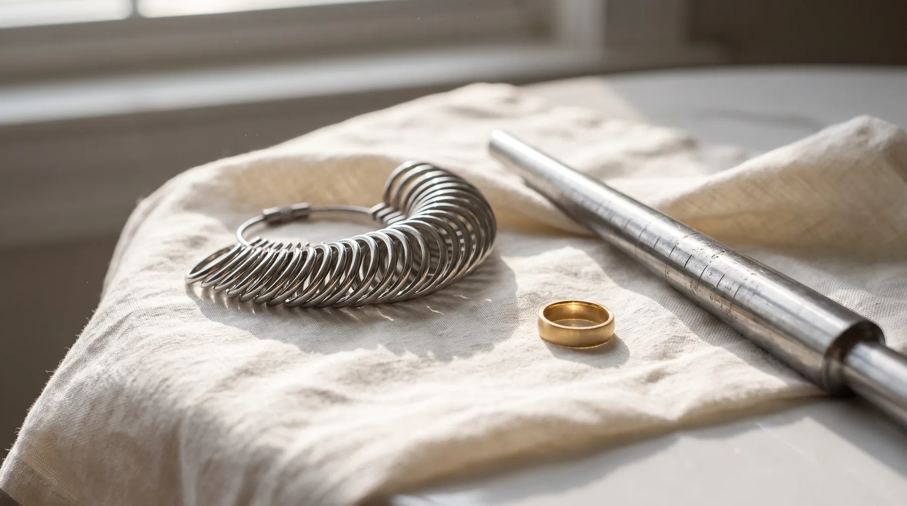 A jeweler's set of steel ring sizers fanned open on its holder, a tapered steel ring mandrel, and a plain gold band resting on ivory linen in window light.