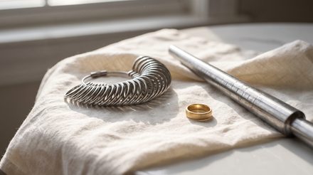 A jeweler's set of steel ring sizers fanned open on its holder, a tapered steel ring mandrel, and a plain gold band resting on ivory linen in window light.