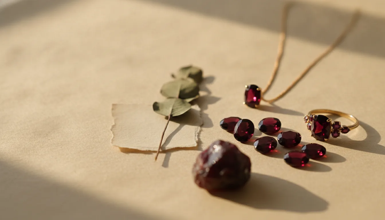 Deep red garnet gemstones, both raw and faceted, arranged on beige paper beside a gold ring, pendant necklace, and small eucalyptus leaves.