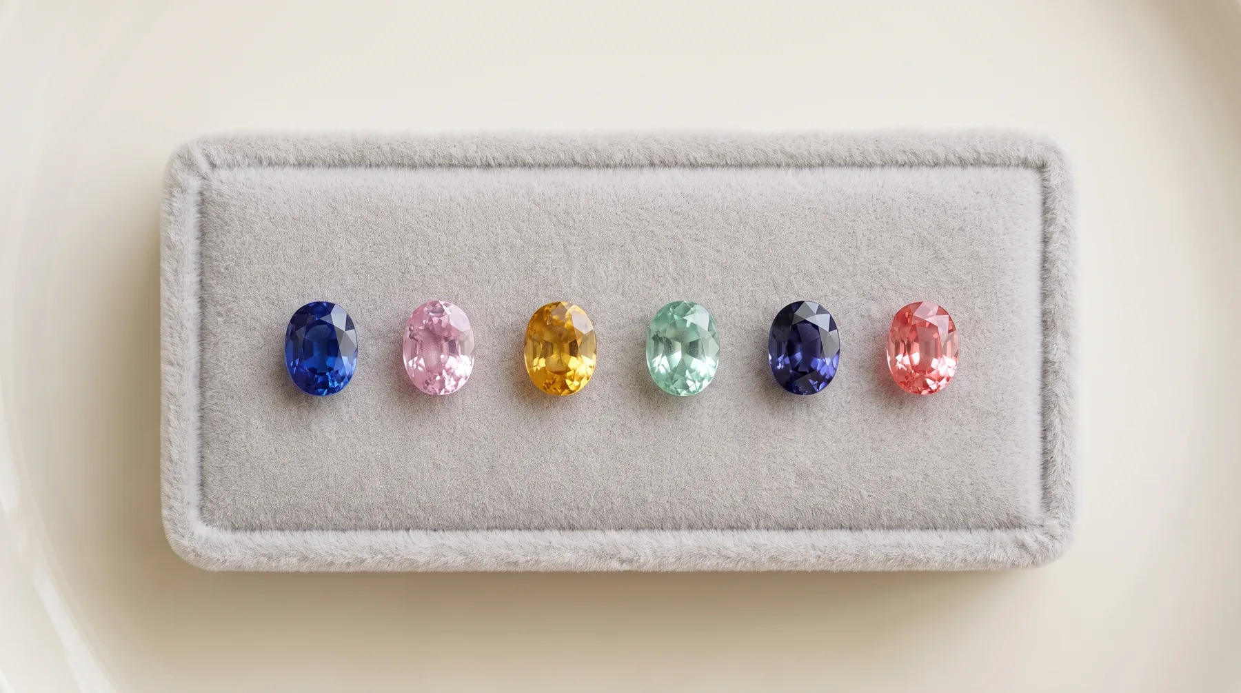 Six oval faceted sapphires laid in a row on a grey velvet tray, in blue, pink, golden yellow, mint green, violet and pinkish-orange.