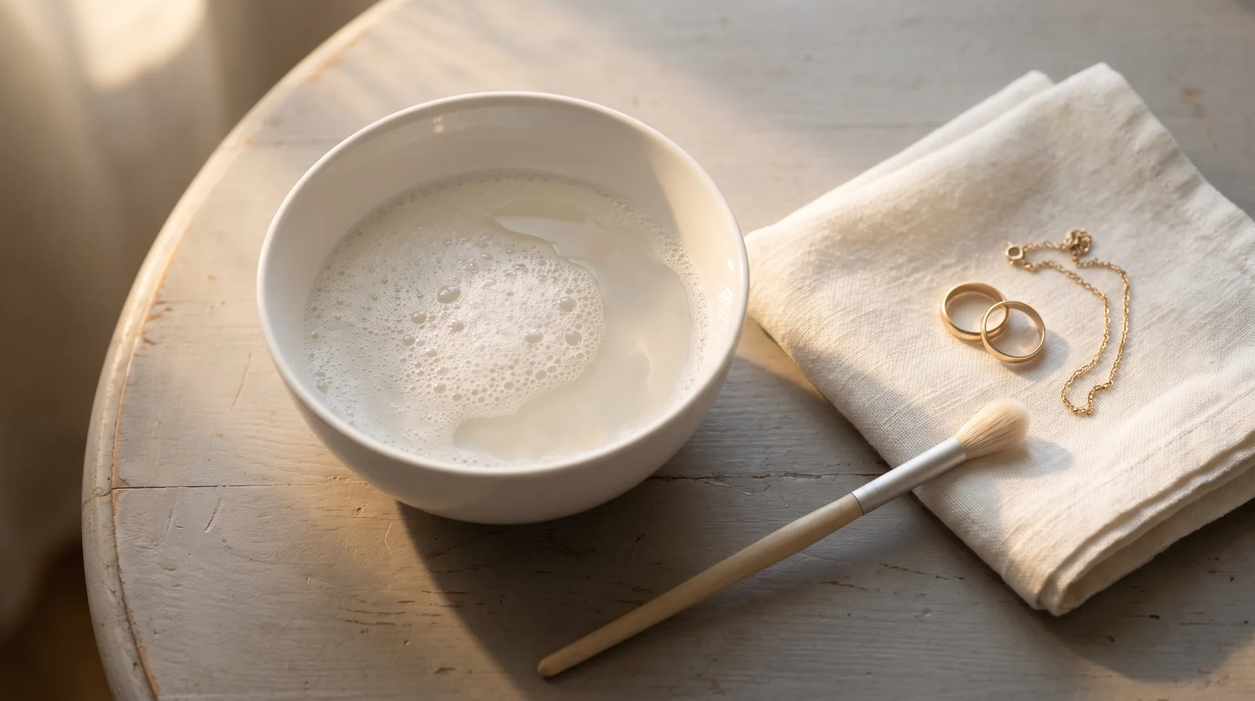 A white bowl of soapy water, a soft brush, a folded cloth, two gold rings, and a delicate gold chain on a white wooden table.