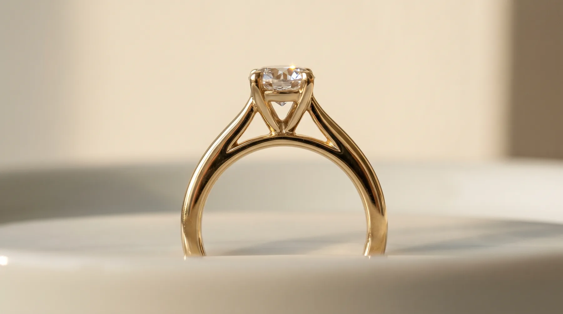 A yellow gold cathedral-setting ring in side profile, its shoulders sweeping upward in two arches beside the raised round diamond, leaving open space beneath the stone.