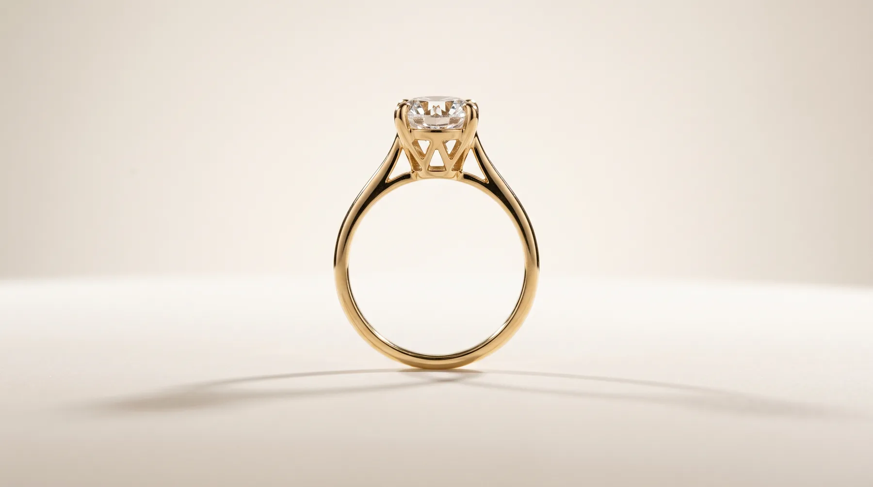 A gold solitaire engagement ring with a round diamond in a four-prong setting, displayed upright on a white surface against a neutral background.