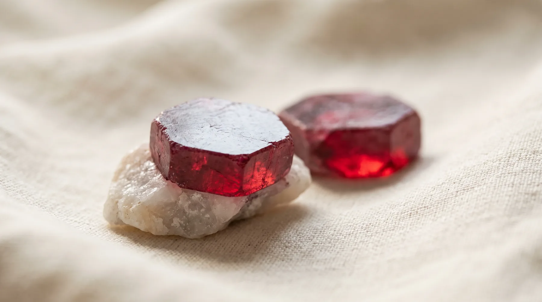 Two natural ruby crystals with flat hexagonal tops and glassy faces, glowing translucent red from within, one perched on a piece of white marble matrix on ivory linen