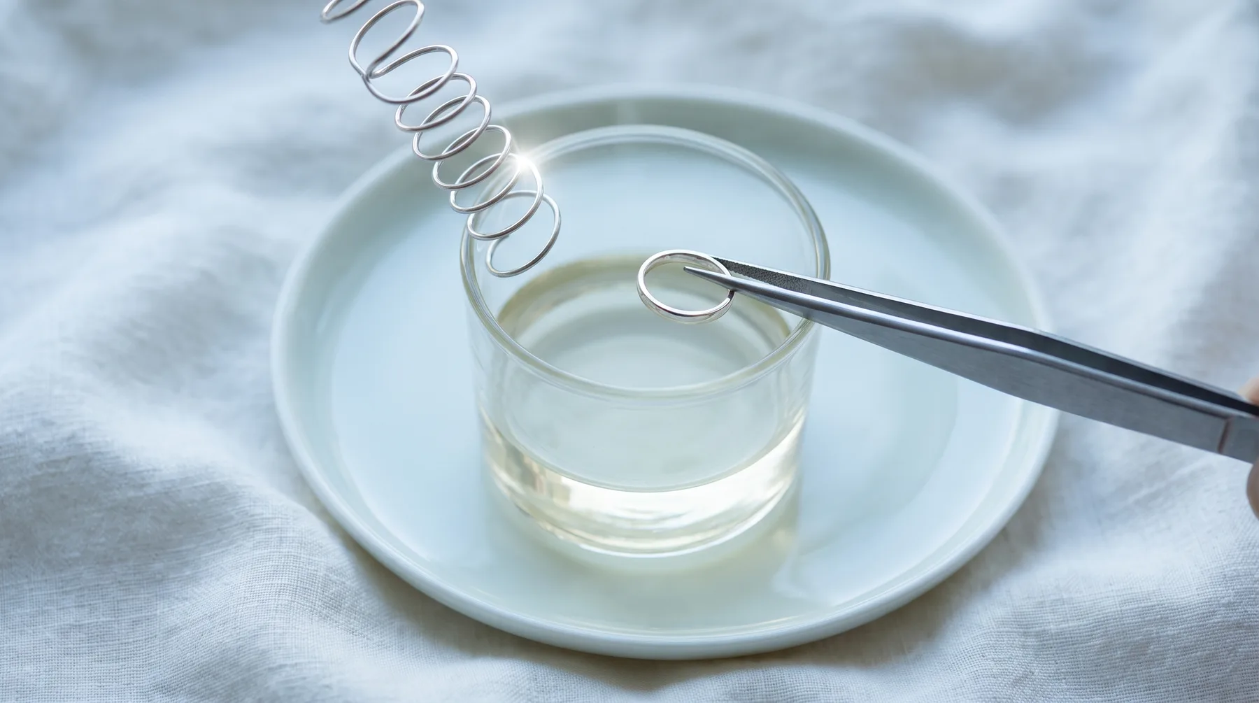 A jeweler's plating setup: a glass beaker of pale solution on a porcelain dish, a coiled wire anode dipping into it, and fine steel tweezers holding a plain band above the surface