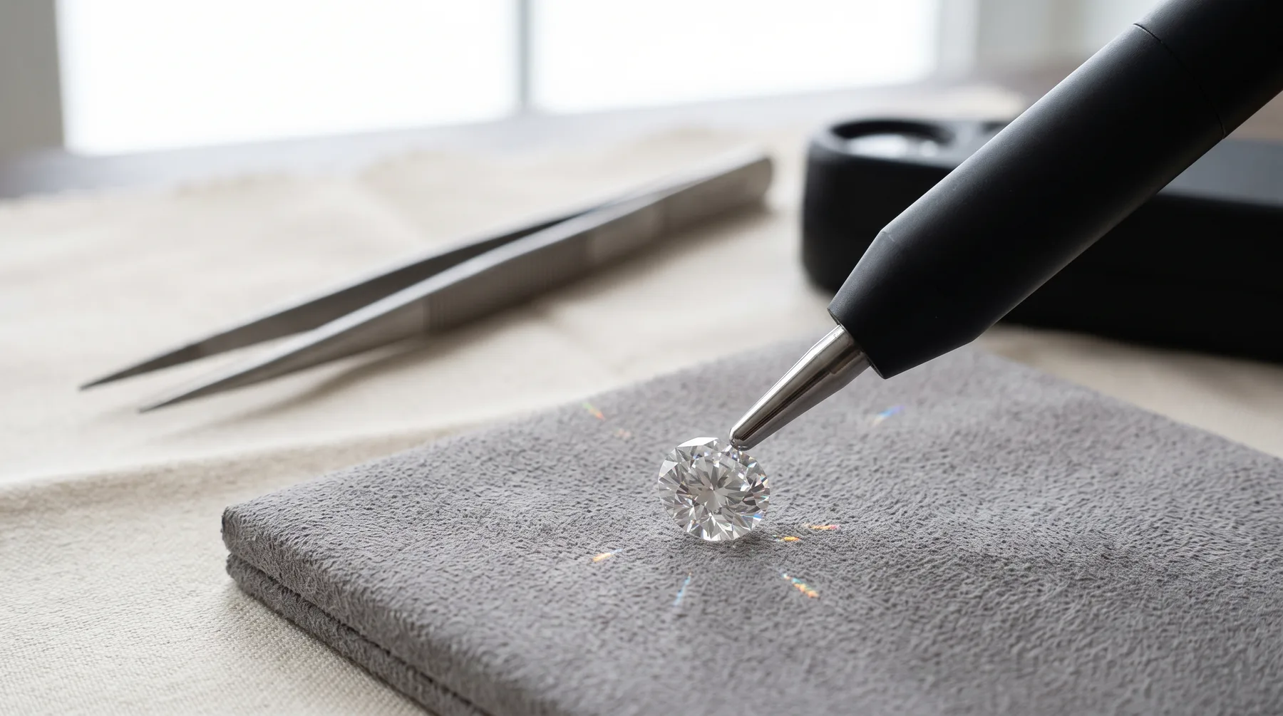The metal probe tip of a handheld gemstone tester touching the flat table facet of a loose round colorless stone on a grey pad, with steel tweezers on the bench behind.