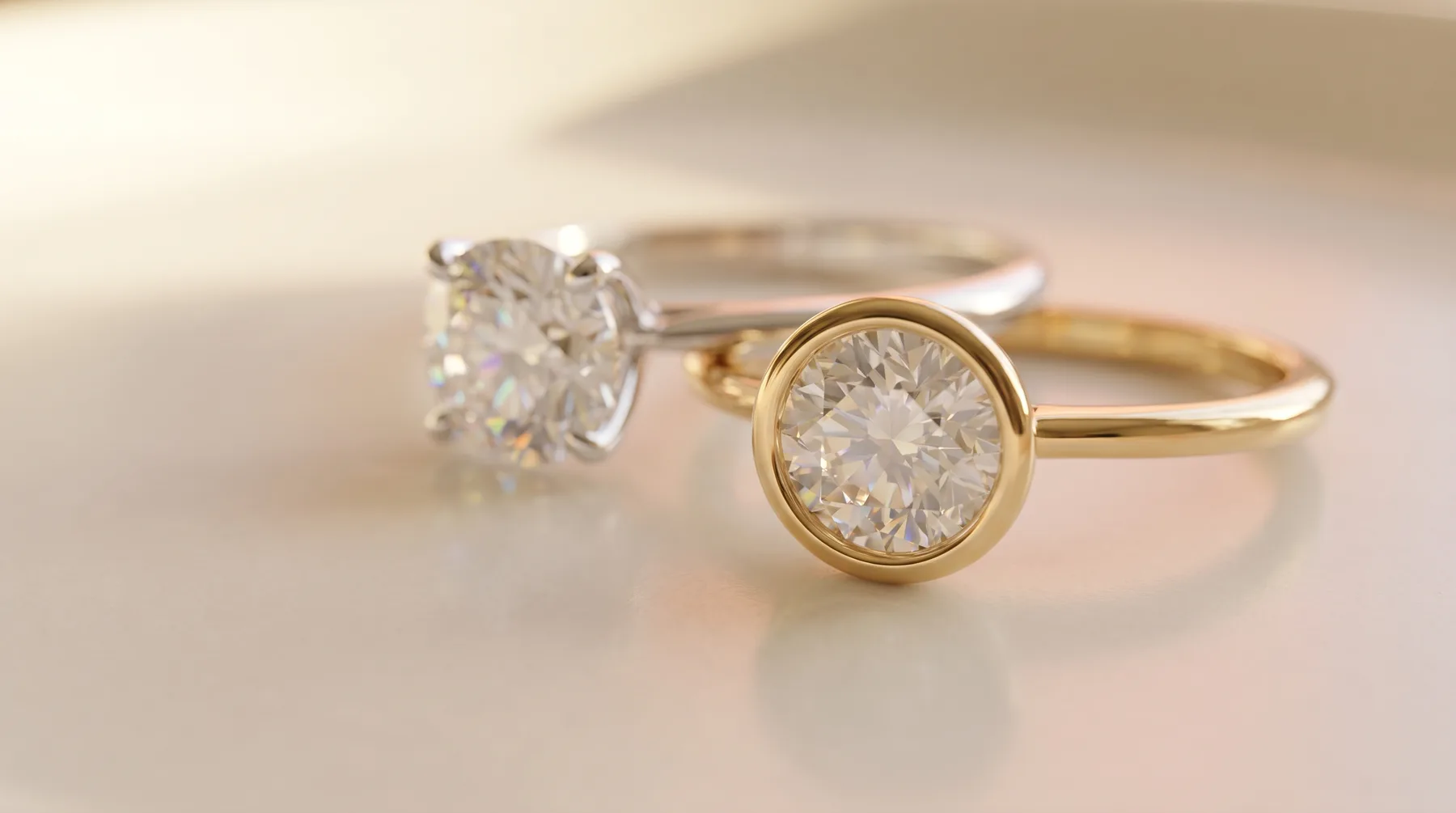 Two diamond engagement rings on a neutral surface: a white gold four-prong solitaire and a yellow gold bezel-set round diamond ring.