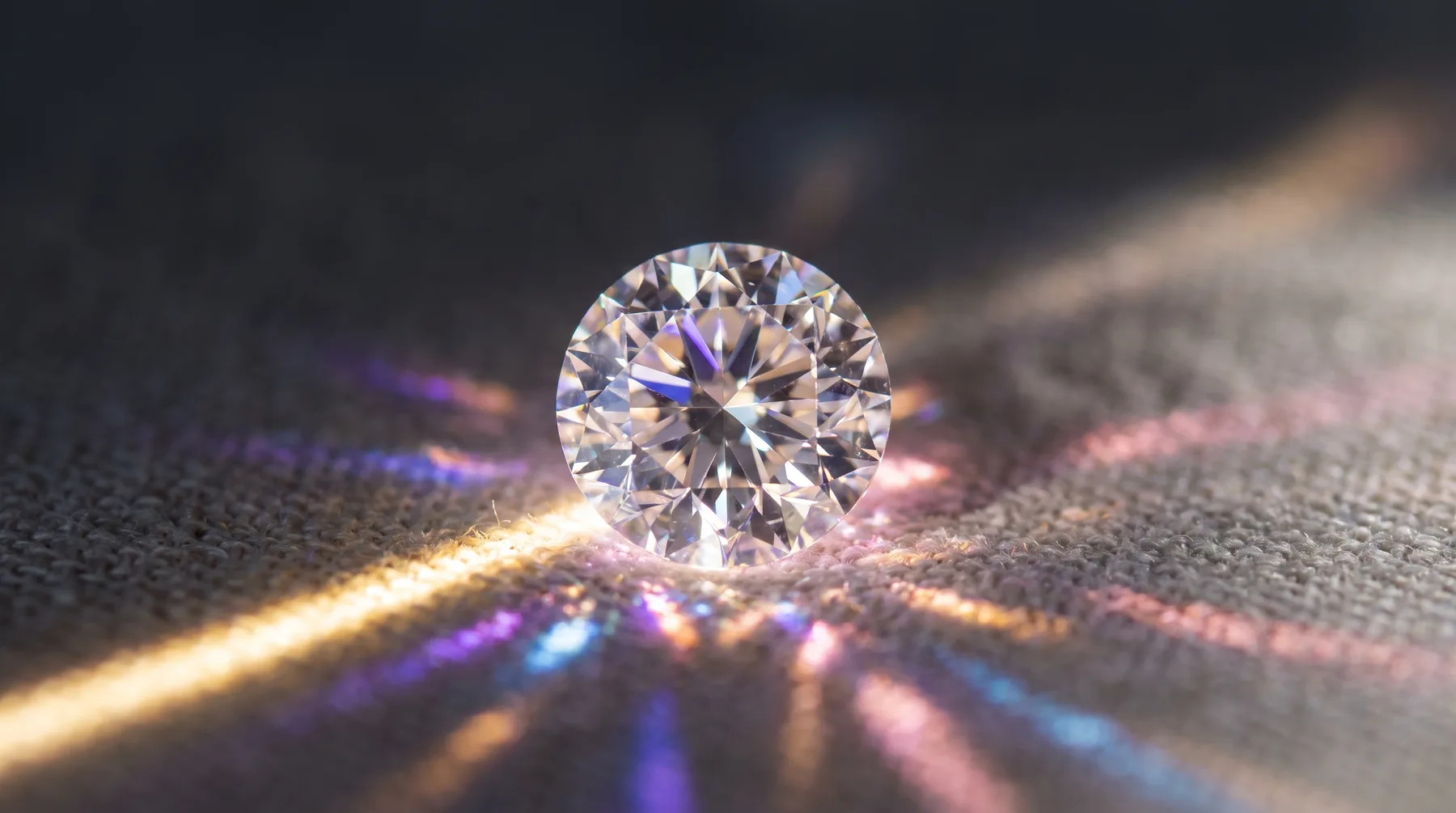 A single round brilliant colorless stone standing on woven linen in direct sunlight, scattering rainbow flashes of blue, violet, pink and gold across the fabric.