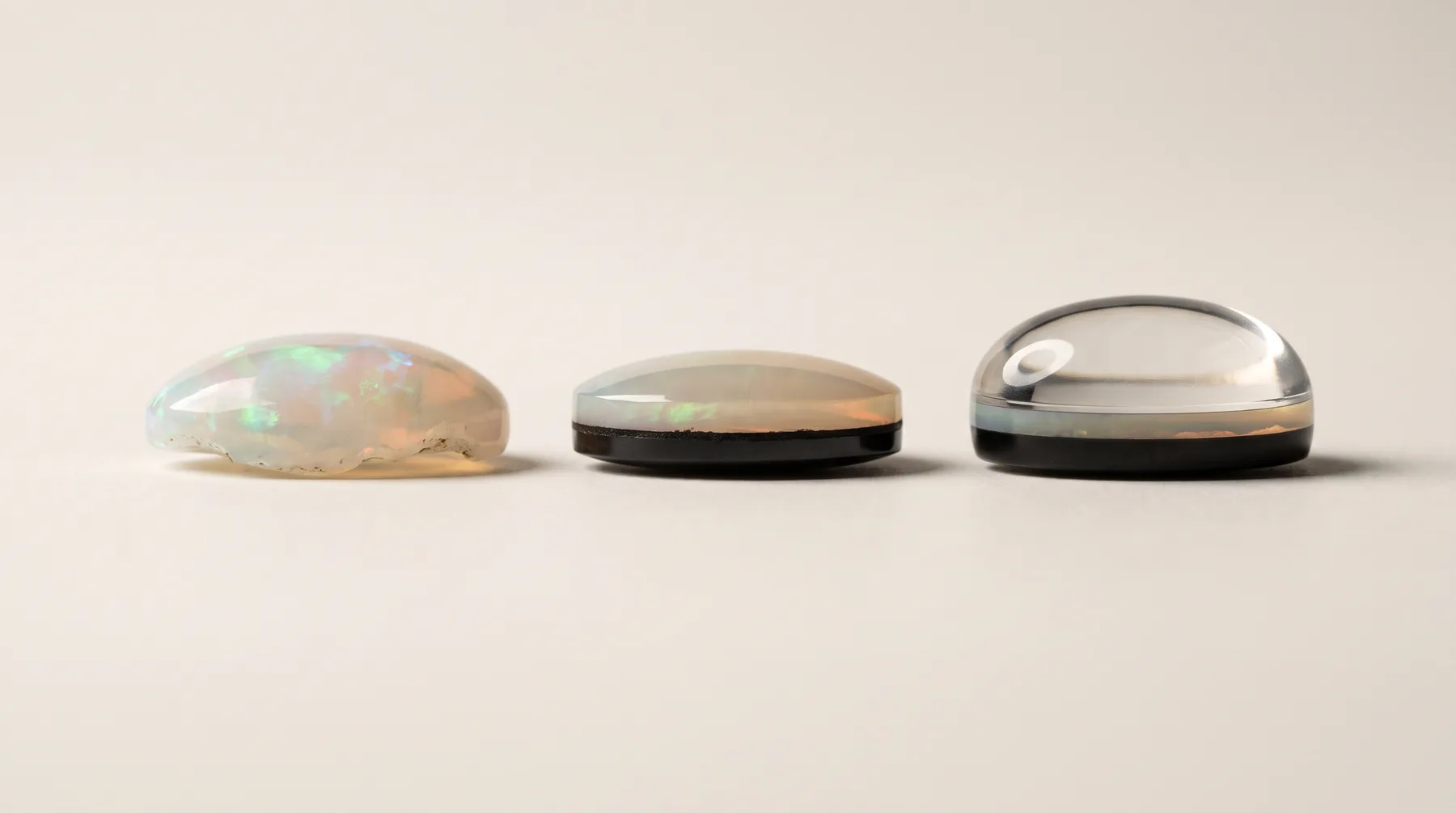 Three opal cabochons seen edge-on in a row: a solid opal with an irregular natural base, a doublet with a straight dark backing line, and a triplet with a thin opal layer between a black base and a clear glass dome