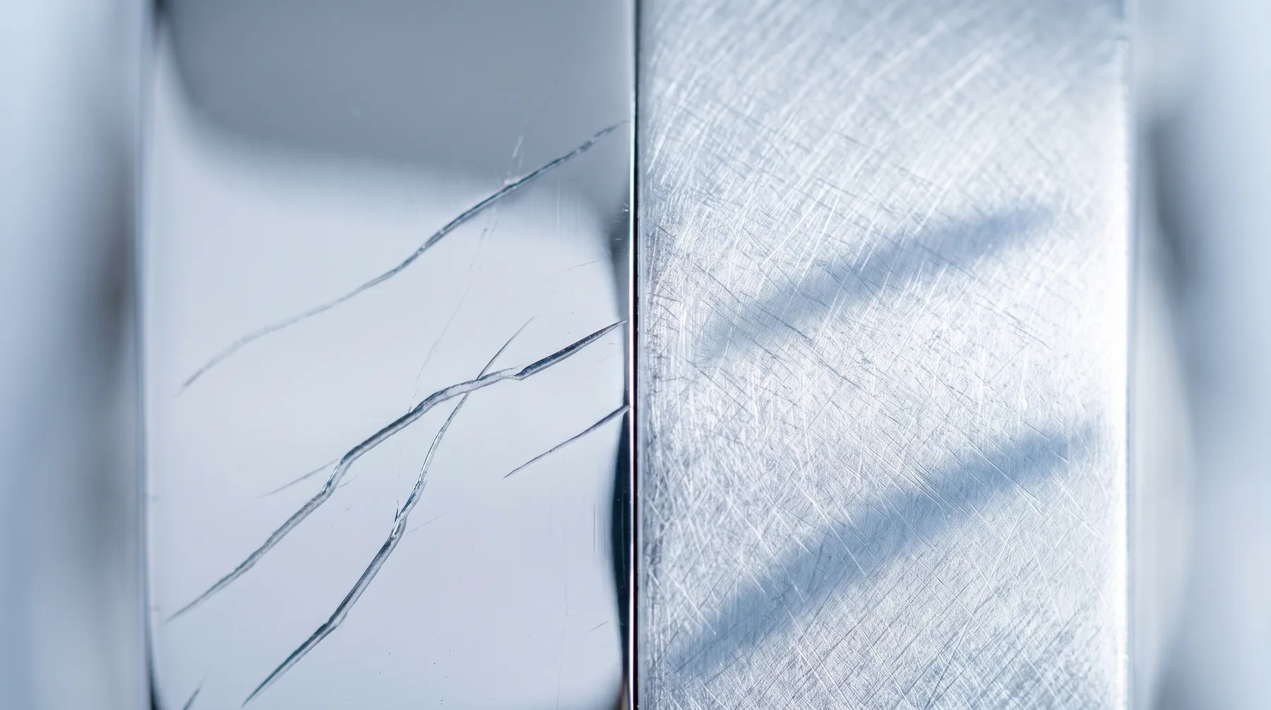 Two white metal surfaces side by side under raking light: the left mirror-polished with a few deep isolated scratches, the right covered in countless fine marks that read as a soft satin sheen