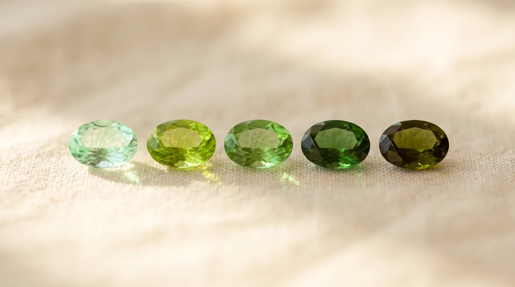 Five oval-cut green gemstones arranged in a row on a beige fabric surface, ranging in color from pale mint to deep dark green.