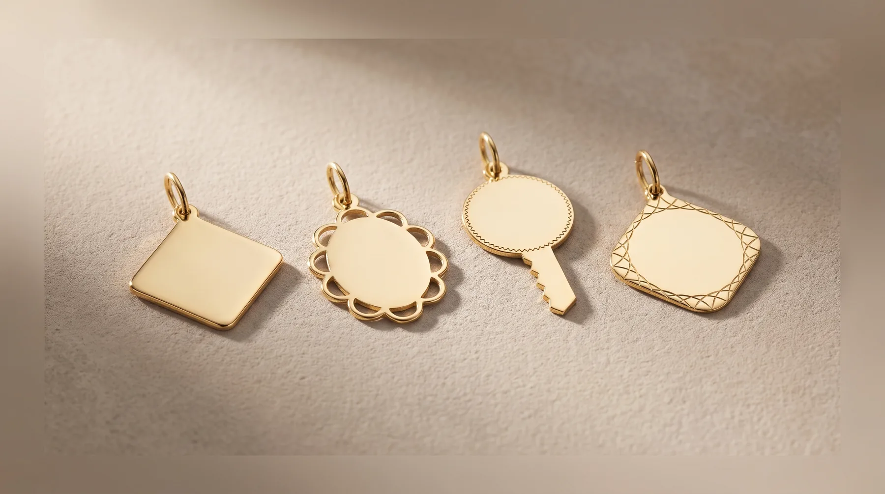 Four gold pendant charms in different shapes: a square, a flower, a round mirror or locket, and a rounded square, each with a loop for hanging.