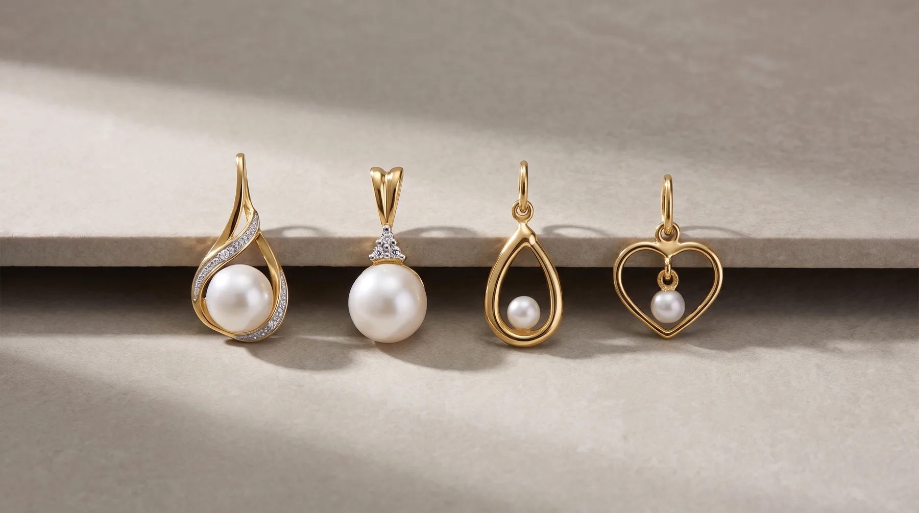 Four gold pendant charms with pearls arranged in a row, featuring teardrop, round, teardrop, and heart-shaped designs, some accented with small diamonds.