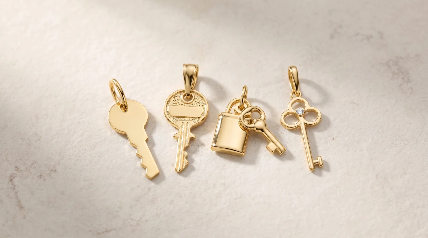 Five gold charm pendants arranged in a row on a marble surface: a plain key, a decorative key, a padlock, a skeleton key, and a cross-shaped key.