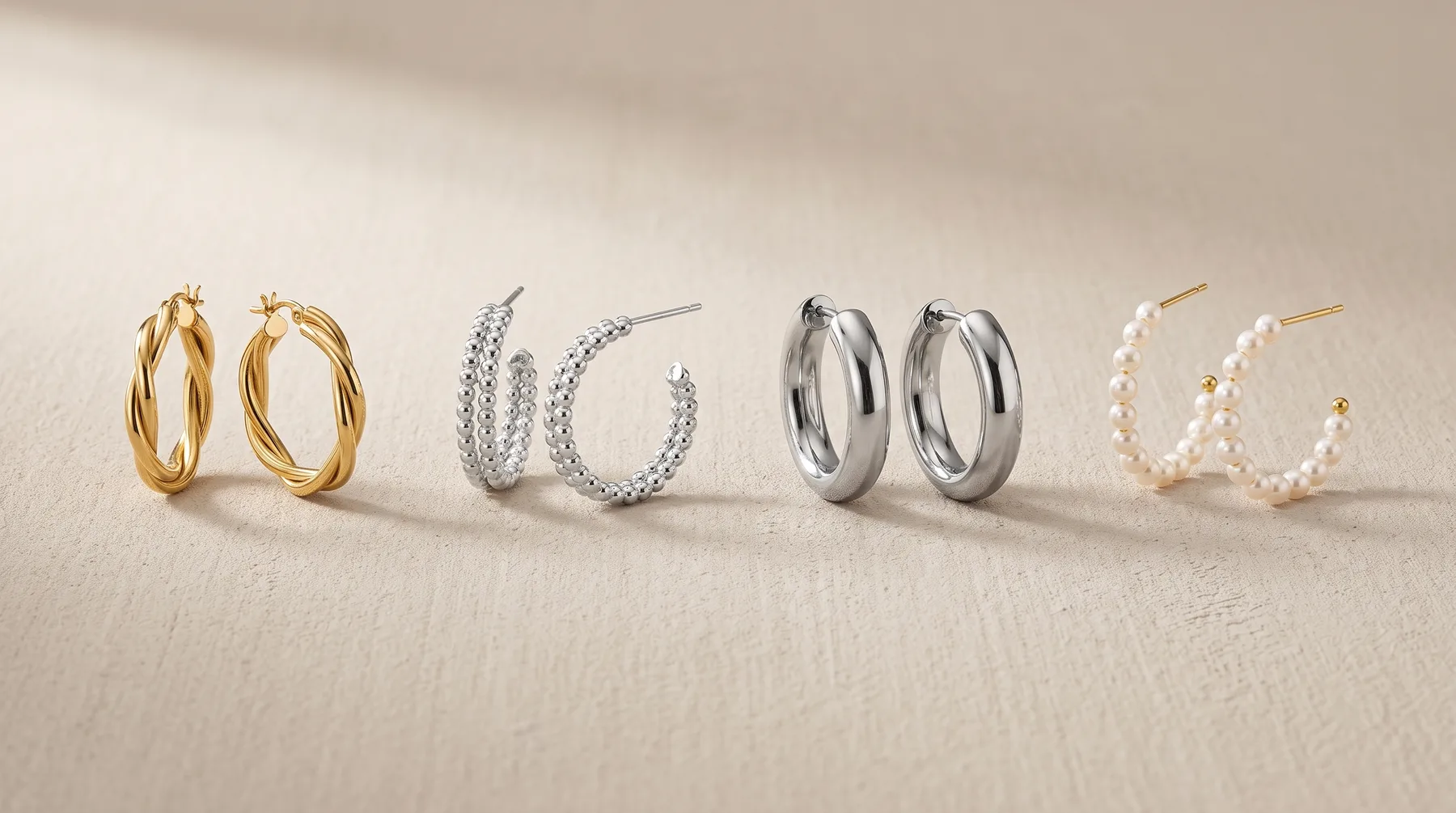 Four pairs of hoop earrings displayed in a row on a neutral surface: gold twisted hoops, silver textured hoops, silver polished hoops, and pearl drop hoops with gold posts.