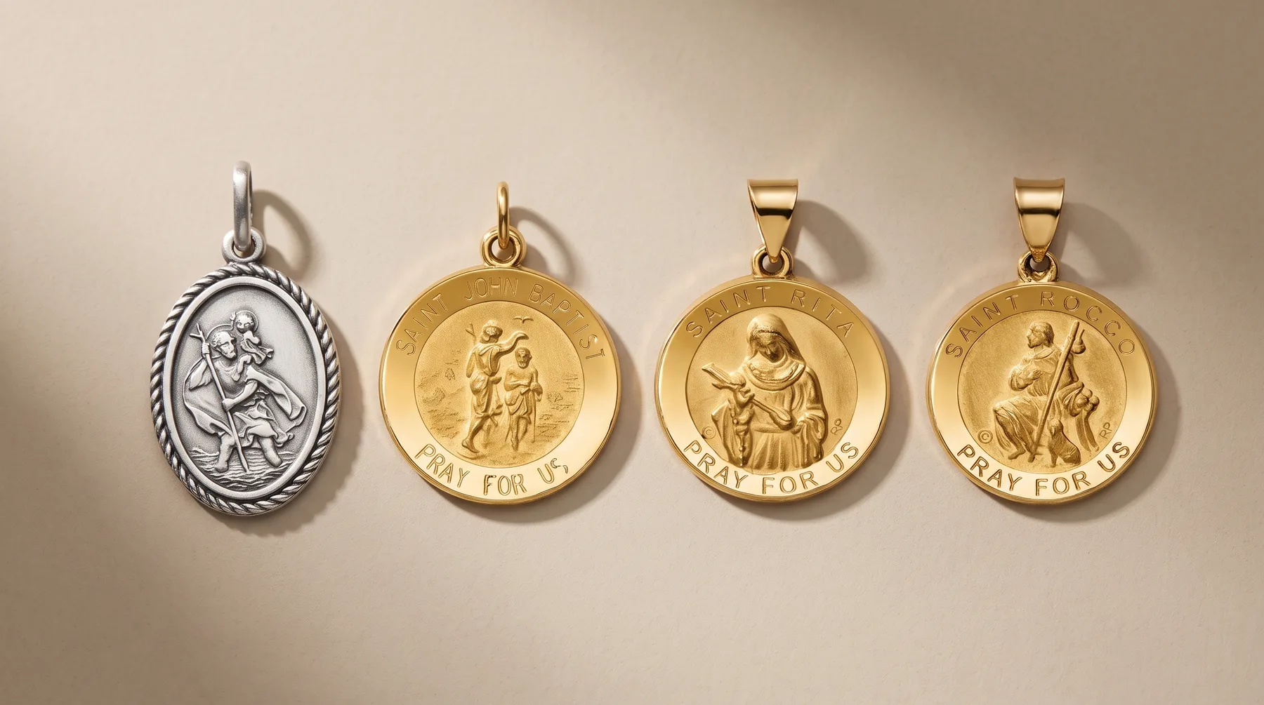 Four religious pendants arranged in a row: one silver oval medal with a twisted border on the left, and three gold-colored round medals with engraved religious figures and text around the edges.