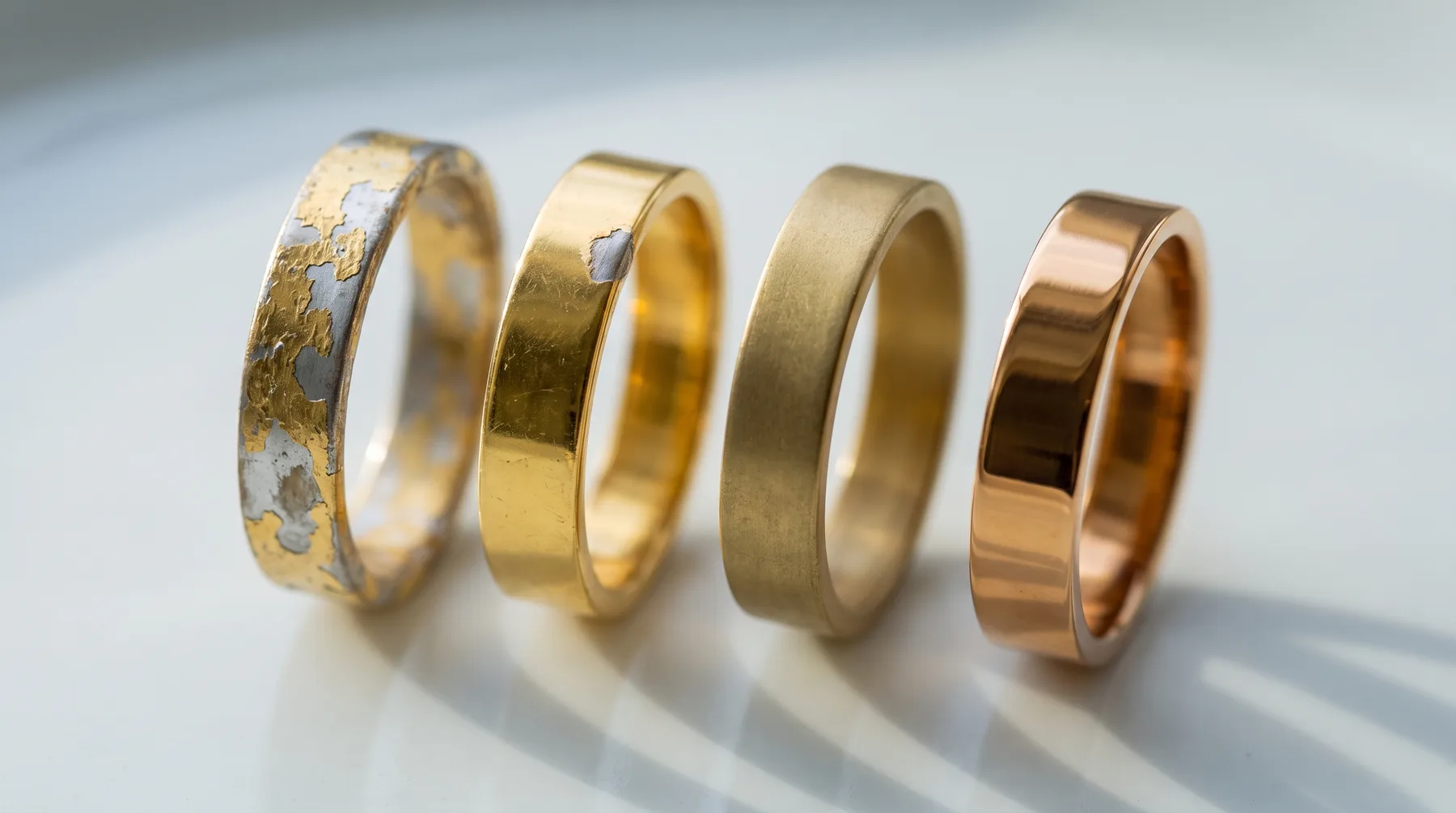 Four plain gold-coloured bands in a row on a pale surface, the left one worn through to grey metal in patches, the next with a single worn spot, the third dulled, and the right one bright and unmarked