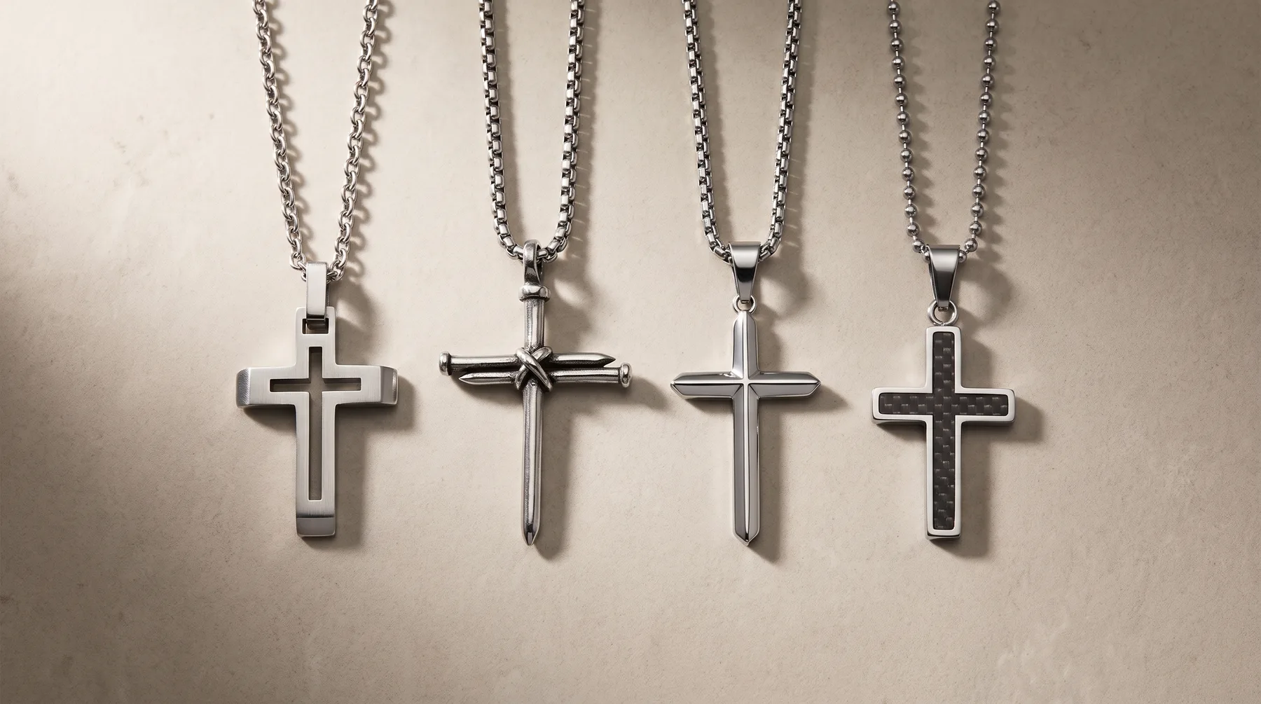 Four silver cross pendants on ball chains arranged in a row, each with a distinct design variation in the cross shape and surface texture.