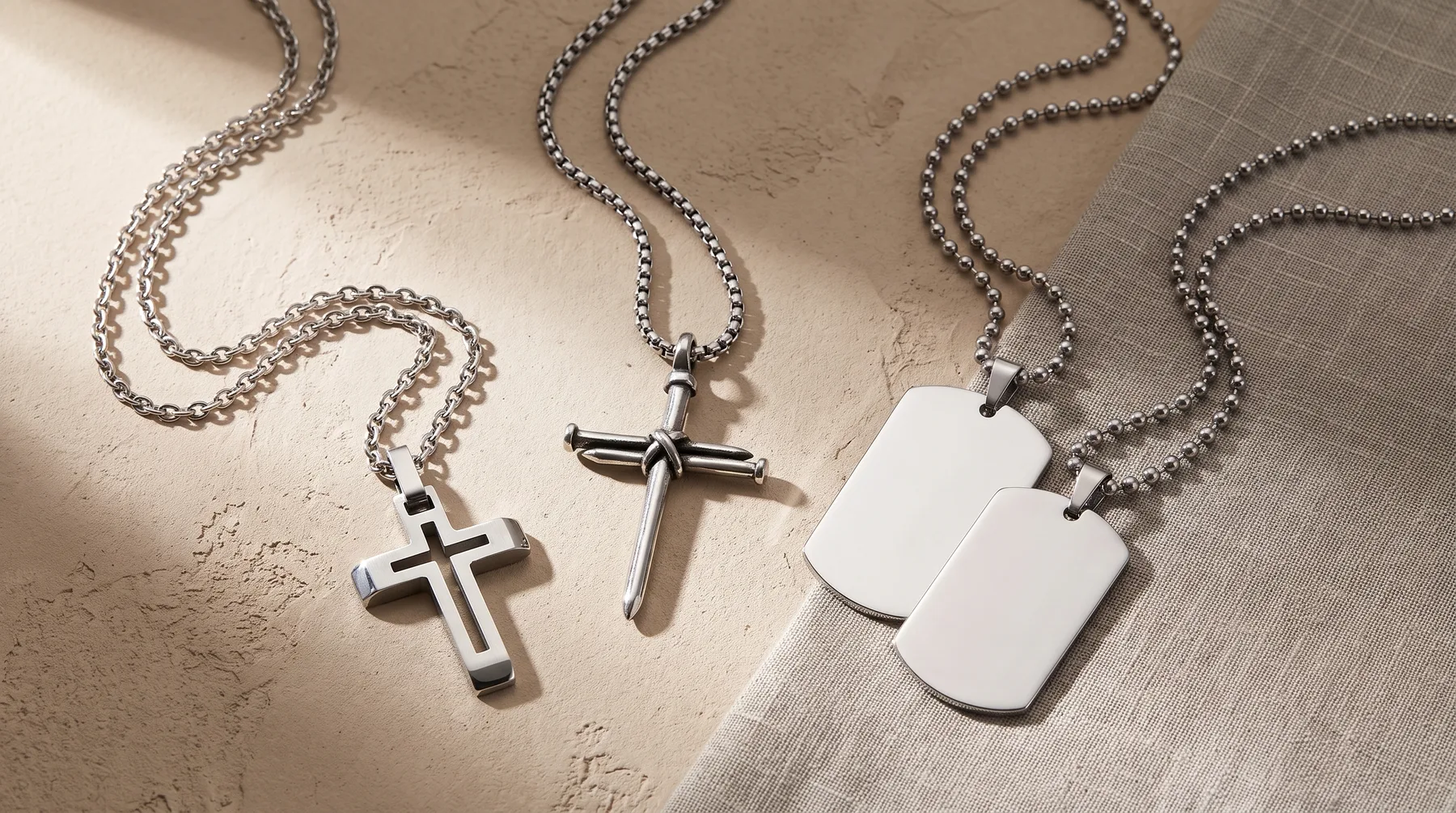 Three silver ball-chain necklaces with pendants: two metallic crosses and one white rectangular dog tag-style pendant, arranged on a textured neutral surface.