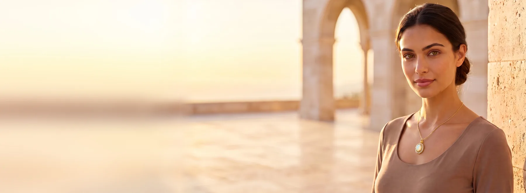 A woman on a sunlit stone terrace at golden hour, wearing a 14k yellow gold opal and diamond halo oval pendant on a fine chain.