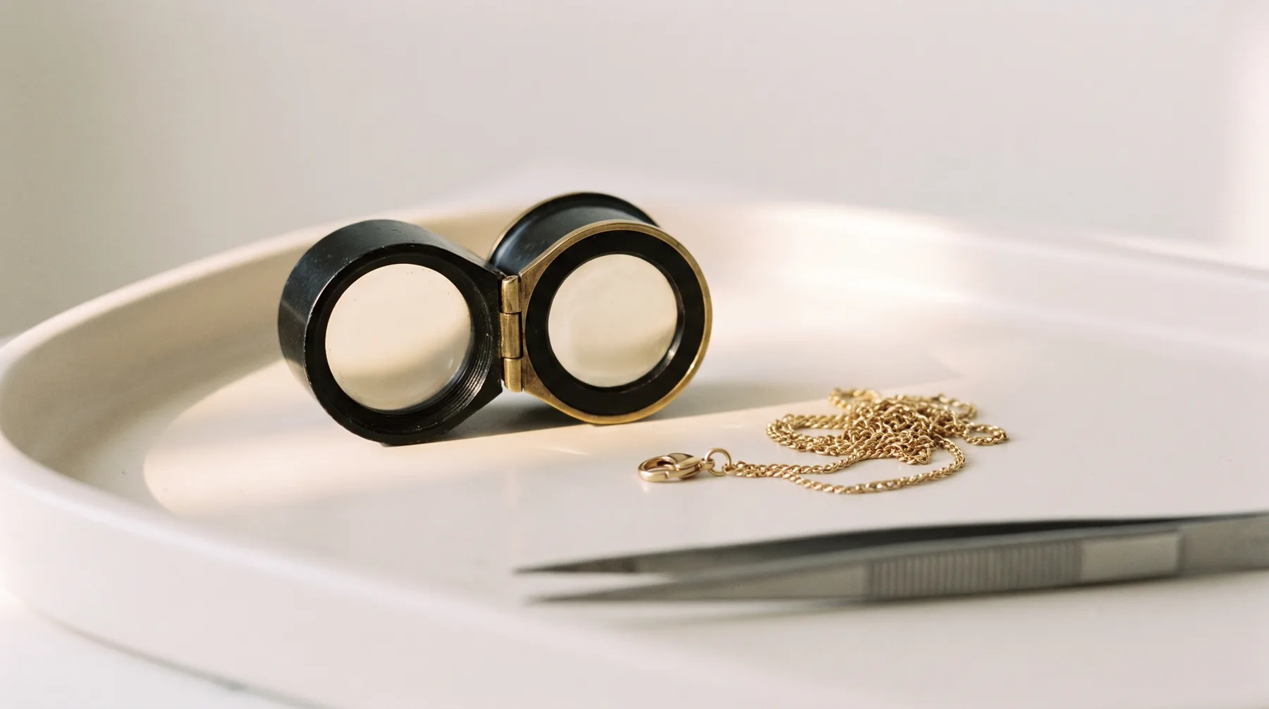 An open folding jeweler's loupe on a white porcelain tray beside a fine gold chain with its lobster clasp and a pair of steel tweezers