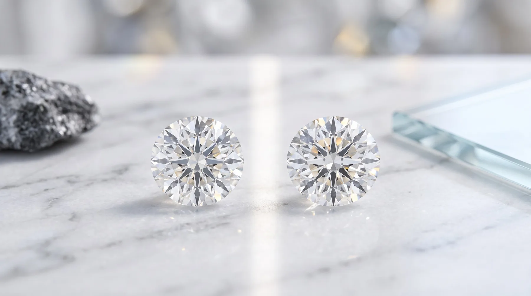 Two round brilliant-cut diamonds resting on a white marble surface, with a rough gray rock and glass panel blurred in the background.