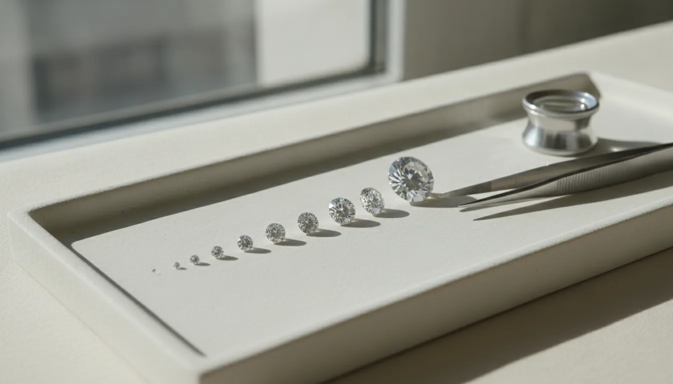 Round brilliant diamonds of graduating sizes lined up on a white grading tray with steel tweezers and a jeweler's loupe